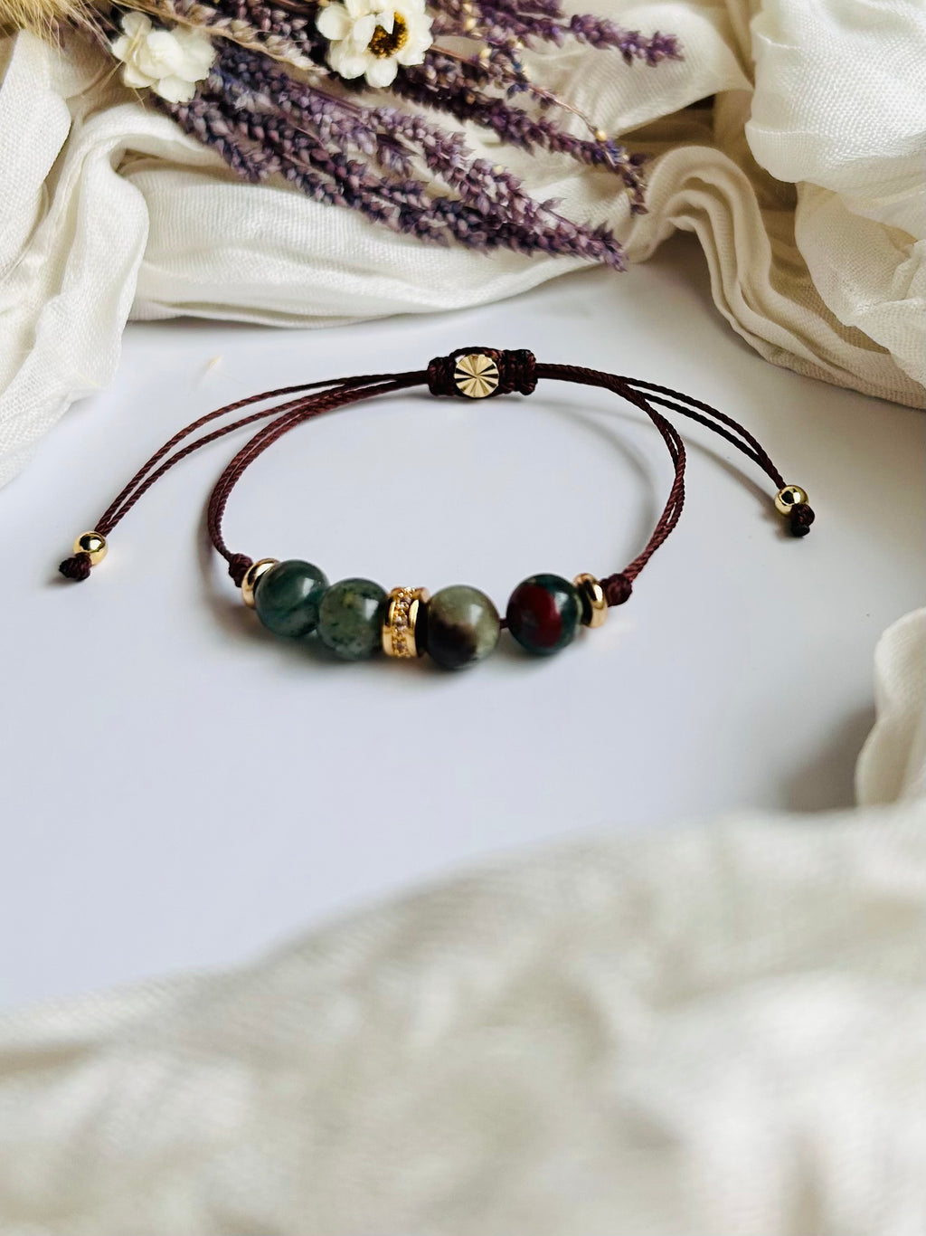 African Bloodstone Handcrafted Adjustable Bracelet with Natural Stone Beads and Gold Accents for Everyday Wear