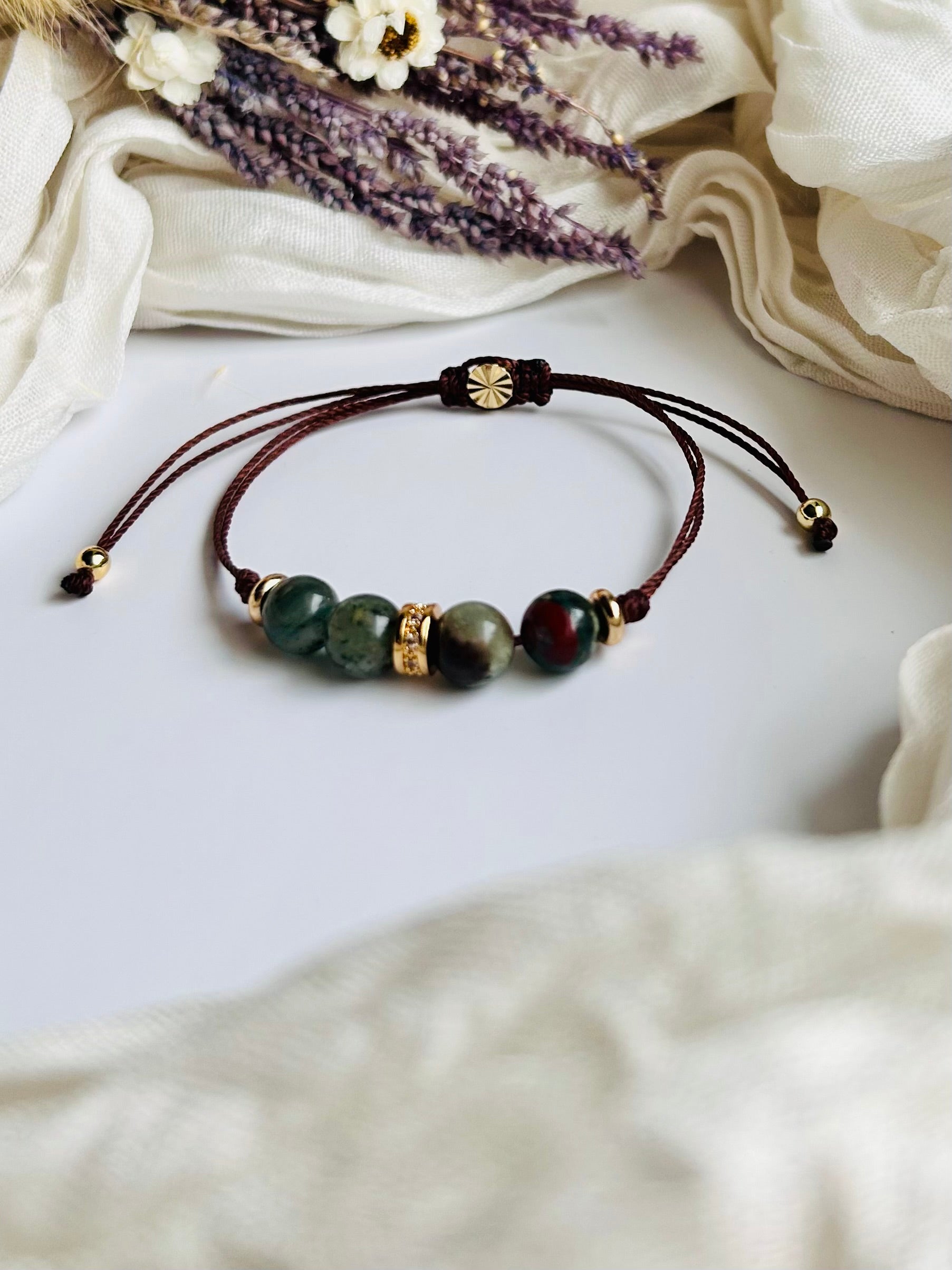 African Bloodstone Handcrafted Adjustable Bracelet with Natural Stone Beads and Gold Accents for Everyday Wear