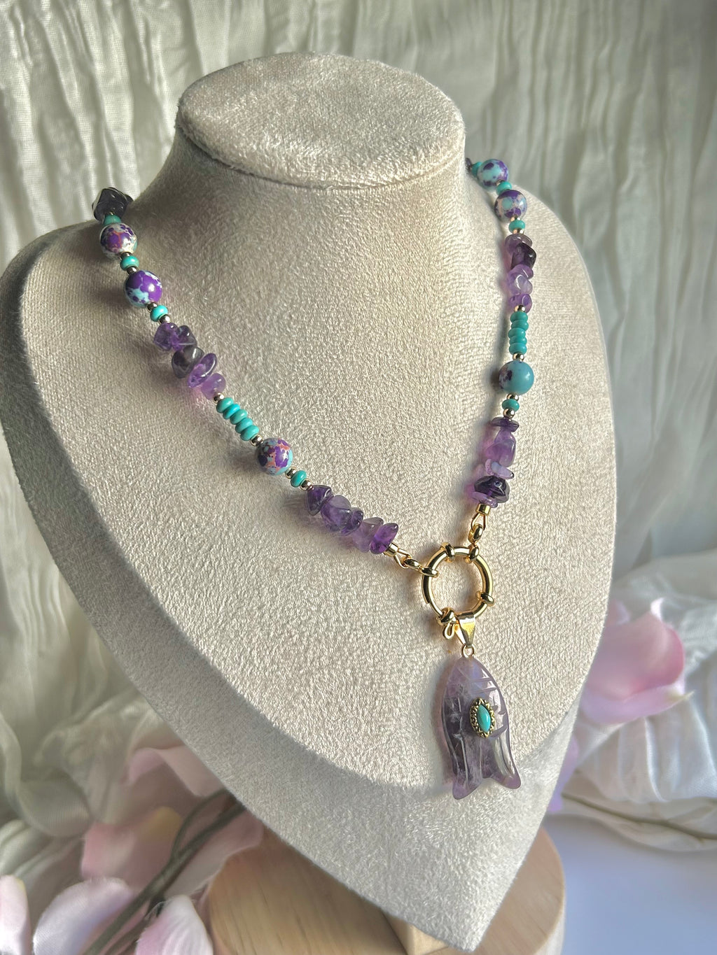 Amethyst Soul Handmade Necklace with Amethyst & Turquoise Stones Carved Fish Pendant Handcrafted Jewelry for Women