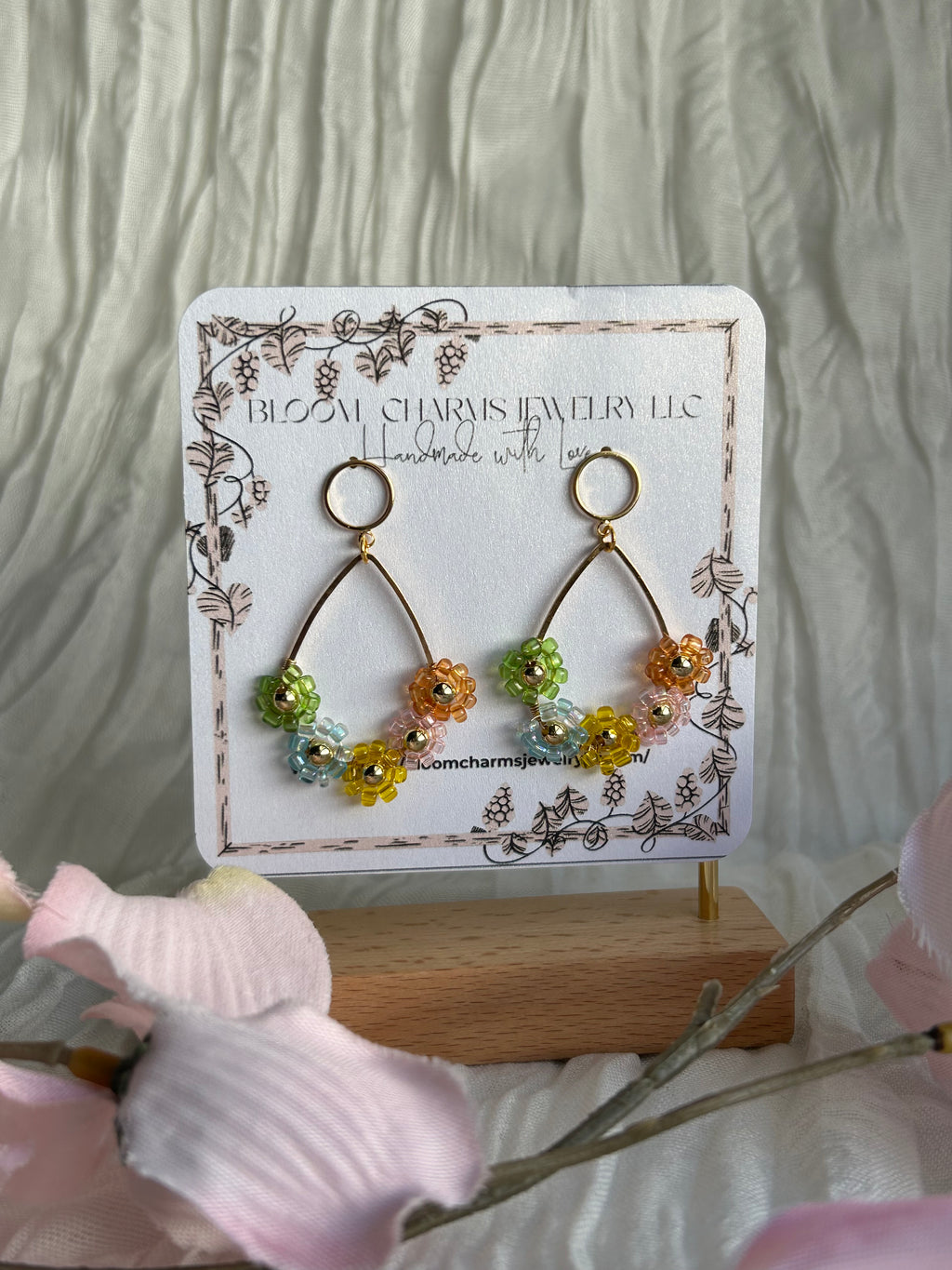 Opaline Flower Beaded Wrapped Wire Earrings 18K Gold Plated Hypoallergenic Non-Tarnish Versatile Appeal for Sensitive Ears Colorful Bead Designs Gold-Tone Wire Hoops