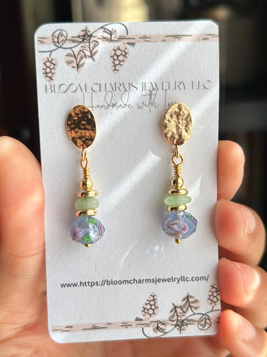 Garden Drop Earrings with Green Moonstone & Colorful 8mm Beads Gold-Tone Hooks Unique Jewelry Design
