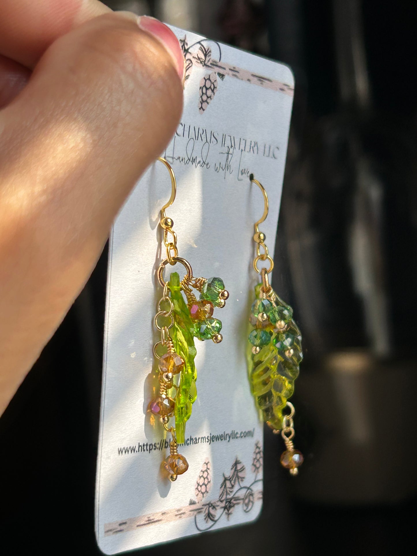 Spring Bloom Earrings with Green Leaf Design and Sparkling Beads Gold-Tone Hooks