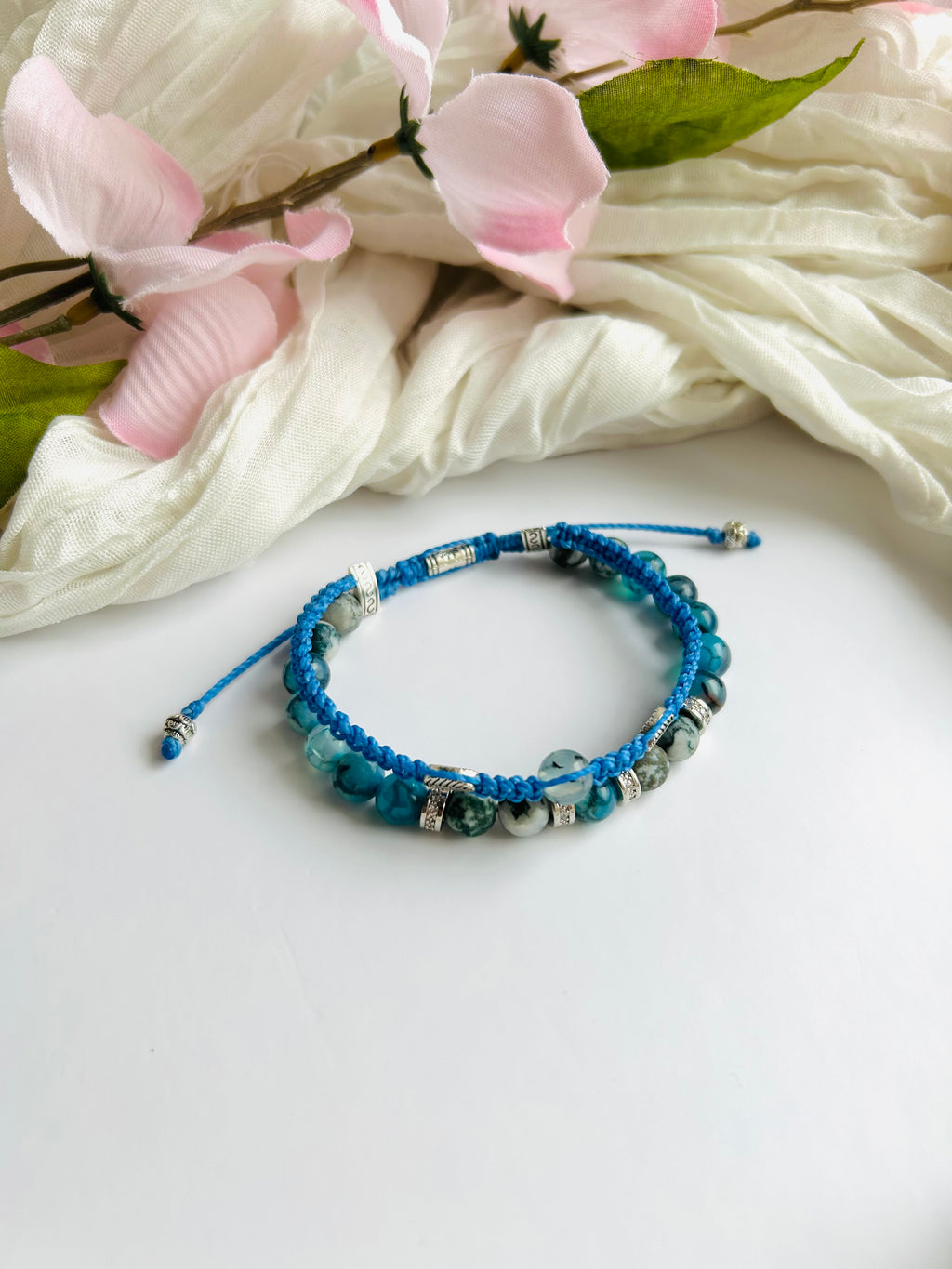 Ocean Mind Bracelet. Blue Appetite & Picasso Jasper Gemstone Adjustable, Layered with Blue Cord and Silver Accents