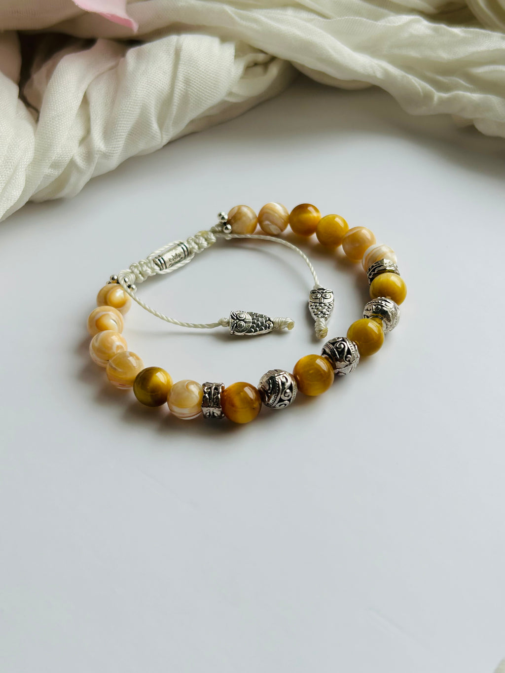 Golden Owl Intuition Bracelet Adjustable with Golden Tiger Eye Gemstones and Stainless Steel Silver Accents.