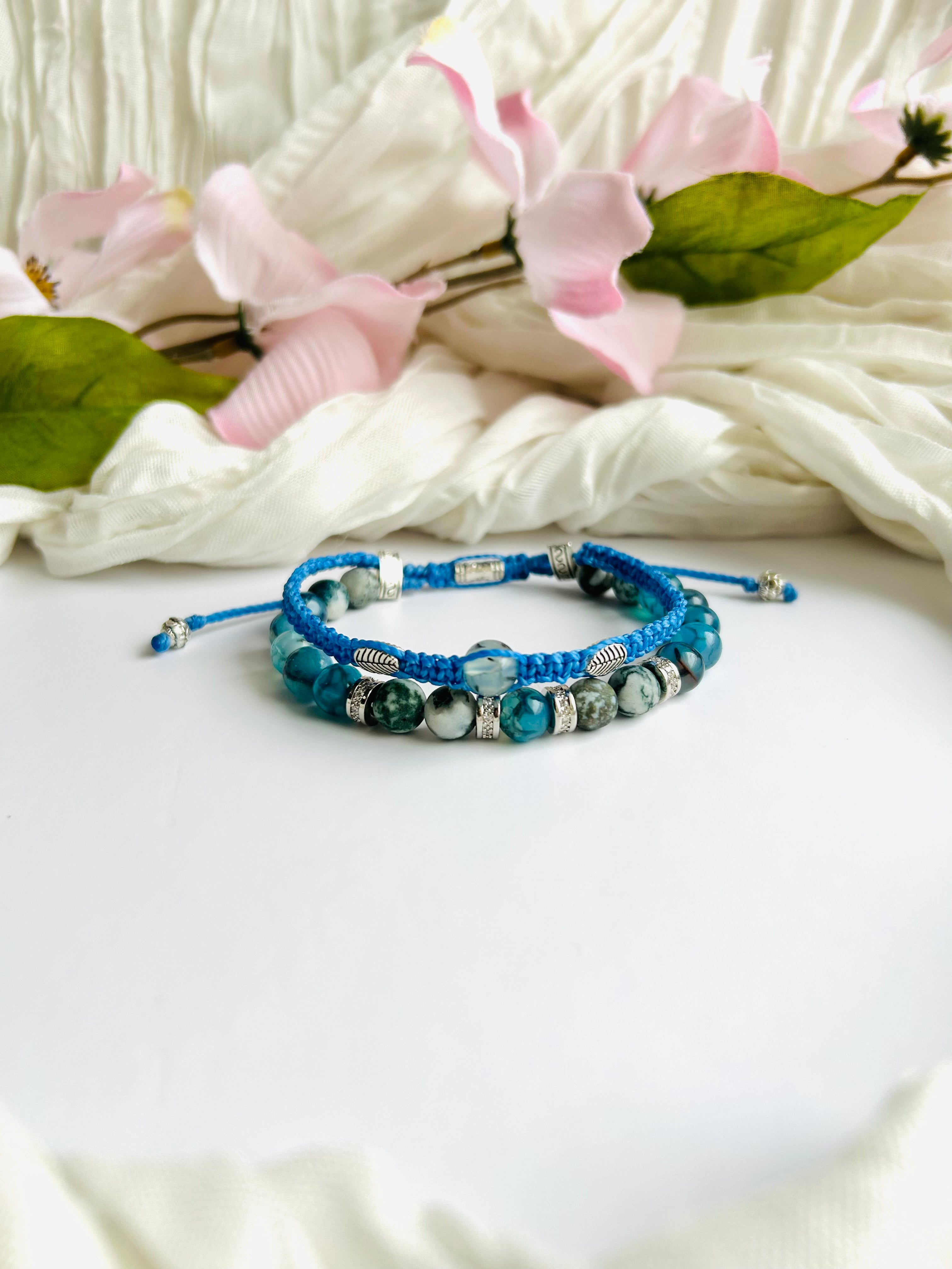 Ocean Mind Bracelet. Blue Appetite & Picasso Jasper Gemstone Adjustable, Layered with Blue Cord and Silver Accents