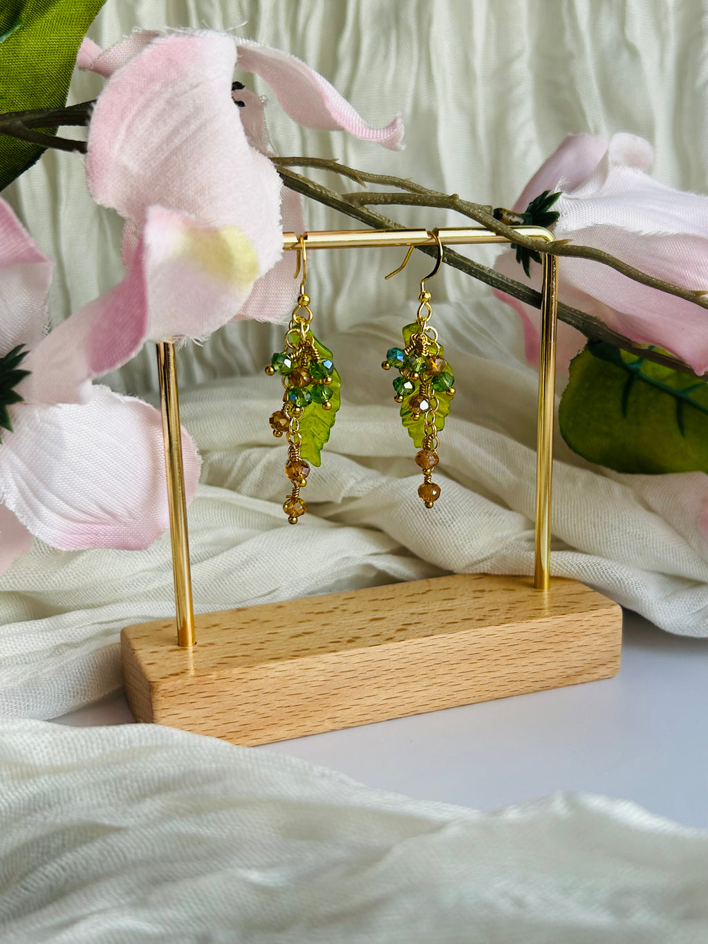 Spring Bloom Earrings with Green Leaf Design and Sparkling Beads Gold-Tone Hooks