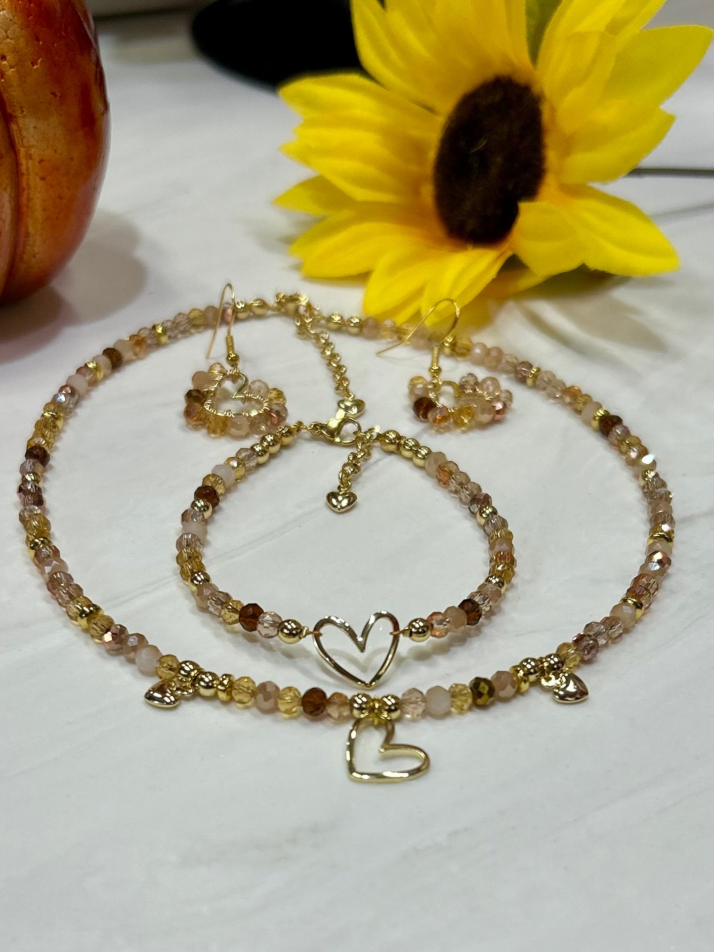 Fall in Love Jewelry Set Earrings Bracelet and Necklace with Heart Charms Beaded Design Hypoallergenic Non Tarnish Material