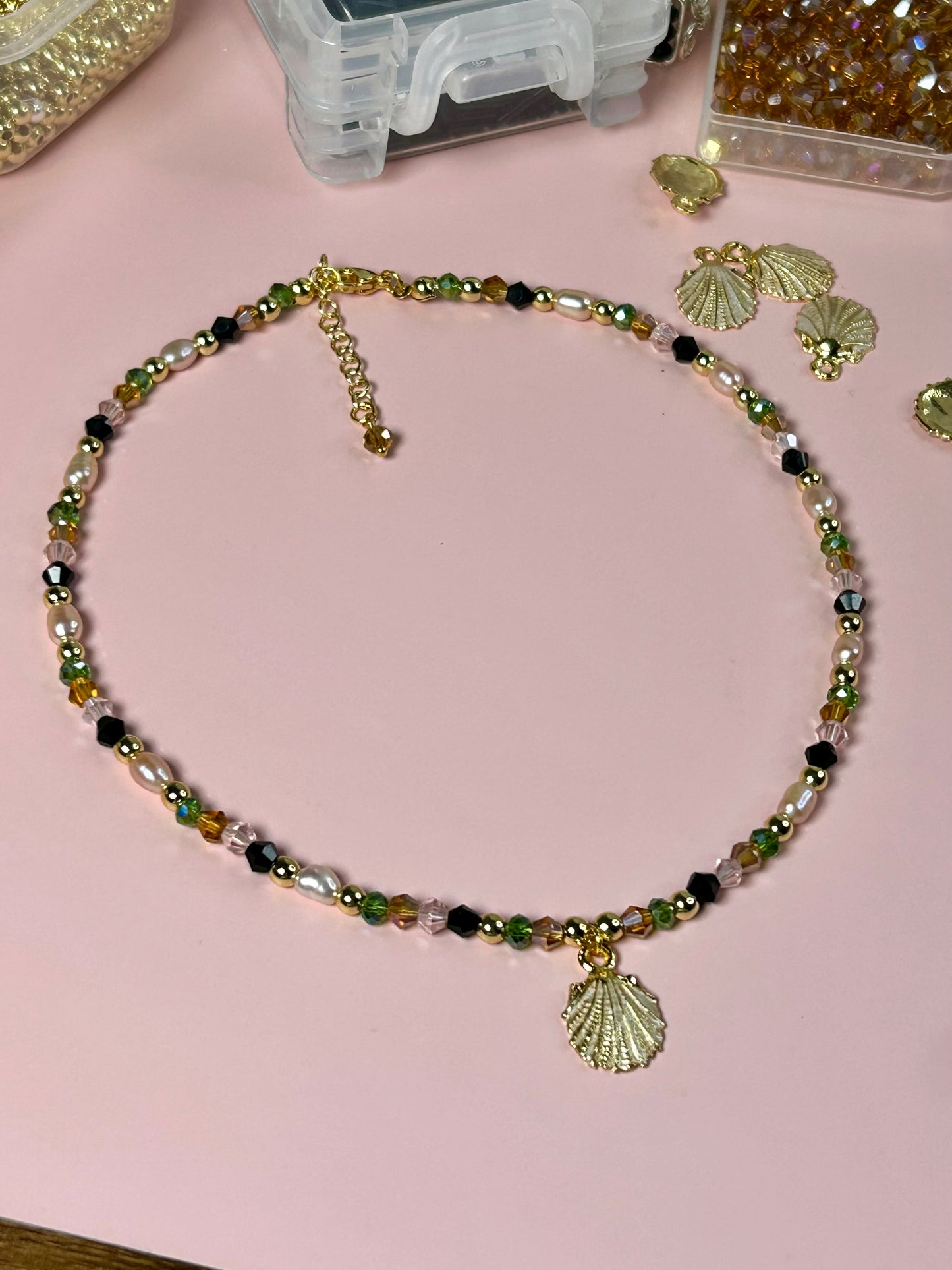 Freshwater Pearls & Crystal Beads Necklace Handmade 14K Gold Plated Shell Charm Elegant Youth Jewelry