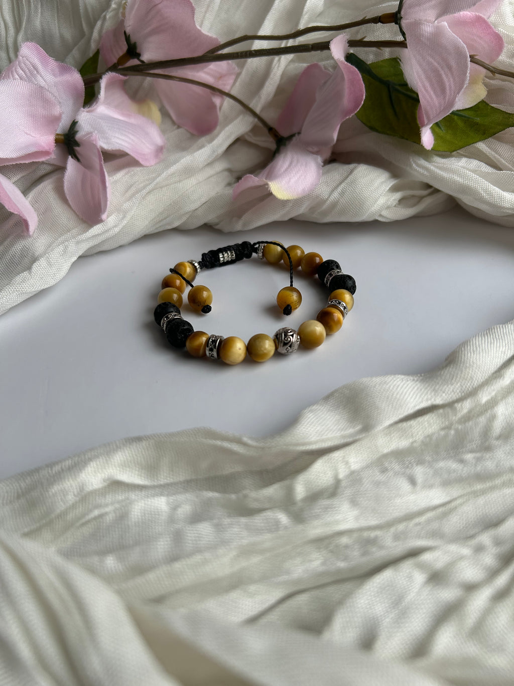 Tiger Eye & Lava Stone Adjustable Bracelet with Silver Beads and Black Cord Unisex Jewelry for Men and Women