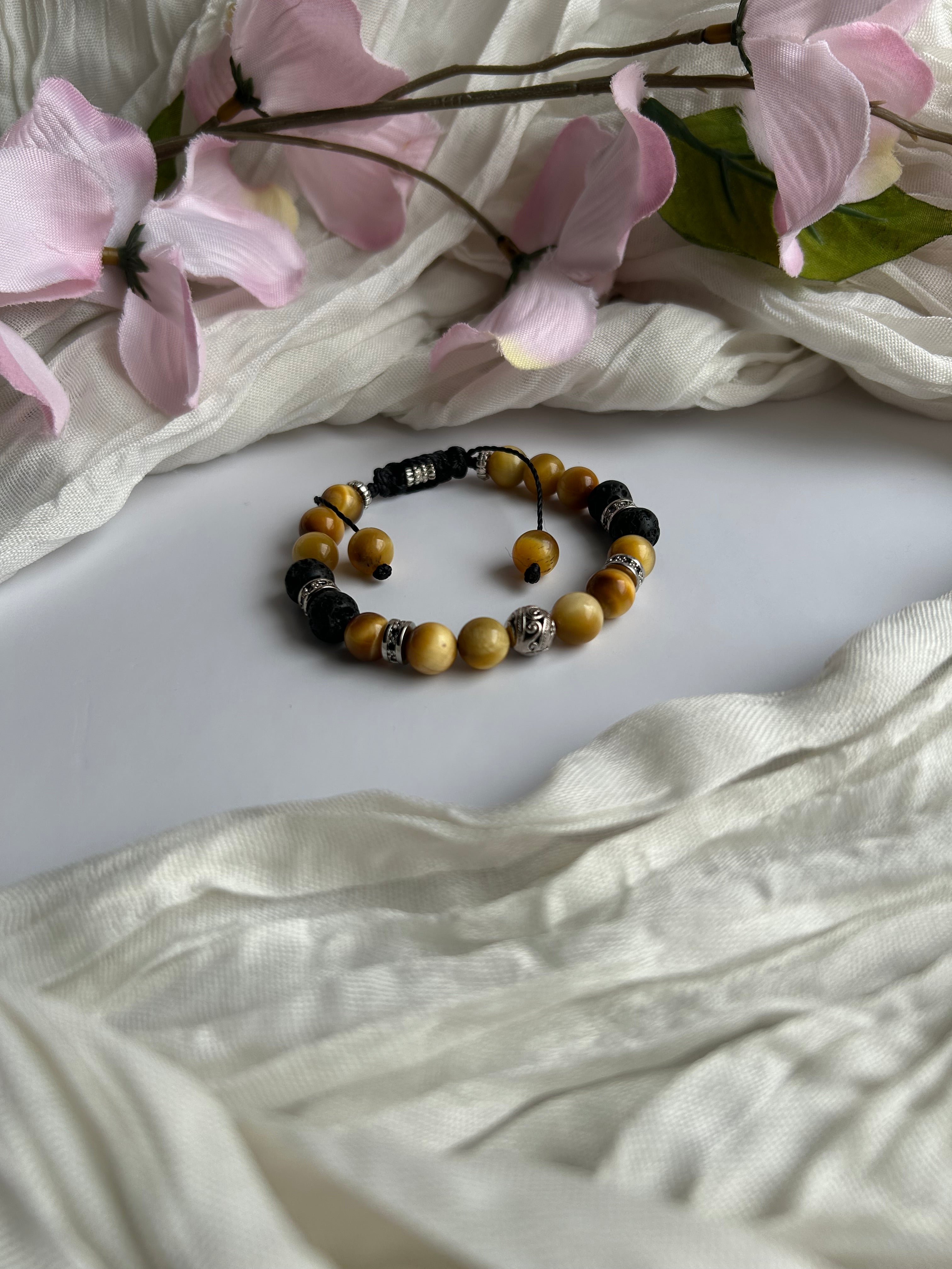 Tiger Eye & Lava Stone Adjustable Bracelet with Silver Beads and Black Cord Unisex Jewelry for Men and Women