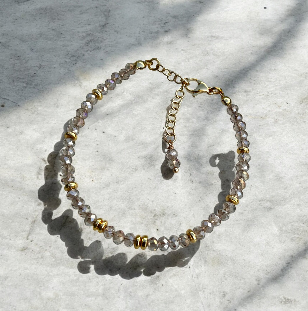 14K Gold Plated Crystal Beaded Bracelet Adjustable Chain Handmade Sparkling Jewelry for Women