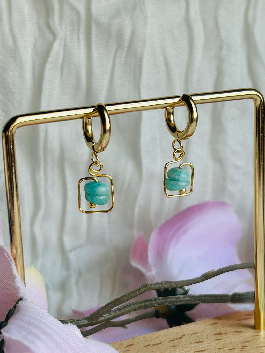 Moon Frame Earrings Natural Amazonite Stones Hypoallergenic Non Tarnish Huggie Hooks for Everyday Wear