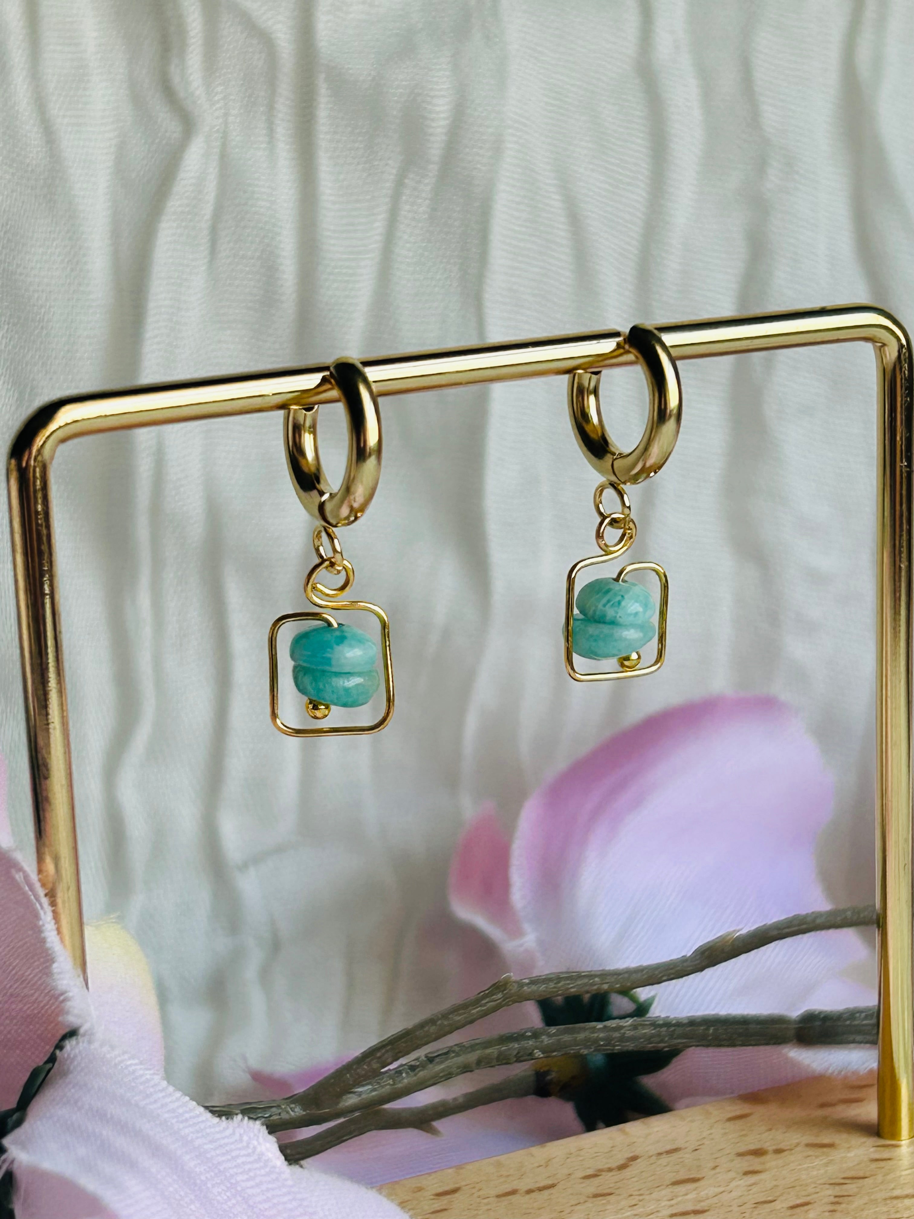 Moon Frame Earrings Natural Amazonite Stones Hypoallergenic Non Tarnish Huggie Hooks for Everyday Wear
