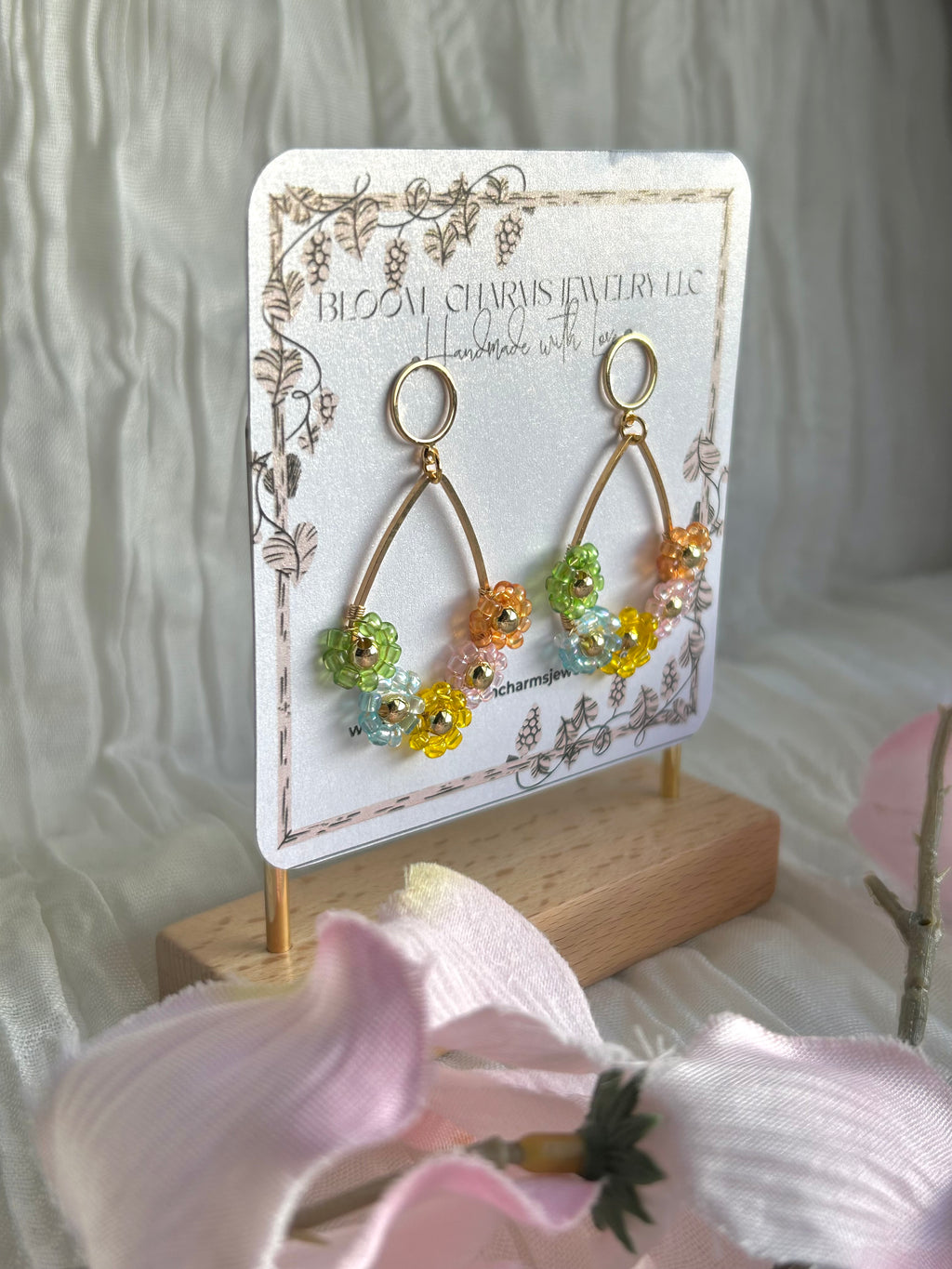 Opaline Flower Beaded Wrapped Wire Earrings 18K Gold Plated Hypoallergenic Non-Tarnish Versatile Appeal for Sensitive Ears Colorful Bead Designs Gold-Tone Wire Hoops