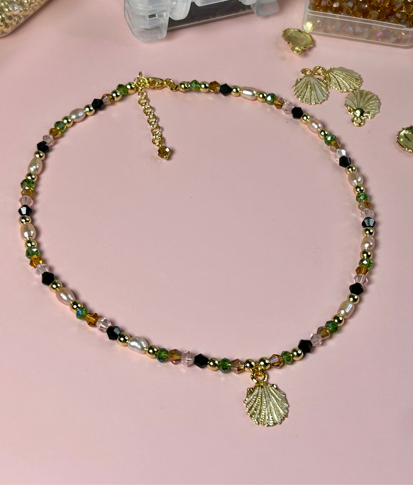 Freshwater Pearls & Crystal Beads Necklace Handmade 14K Gold Plated Shell Charm Elegant Youth Jewelry