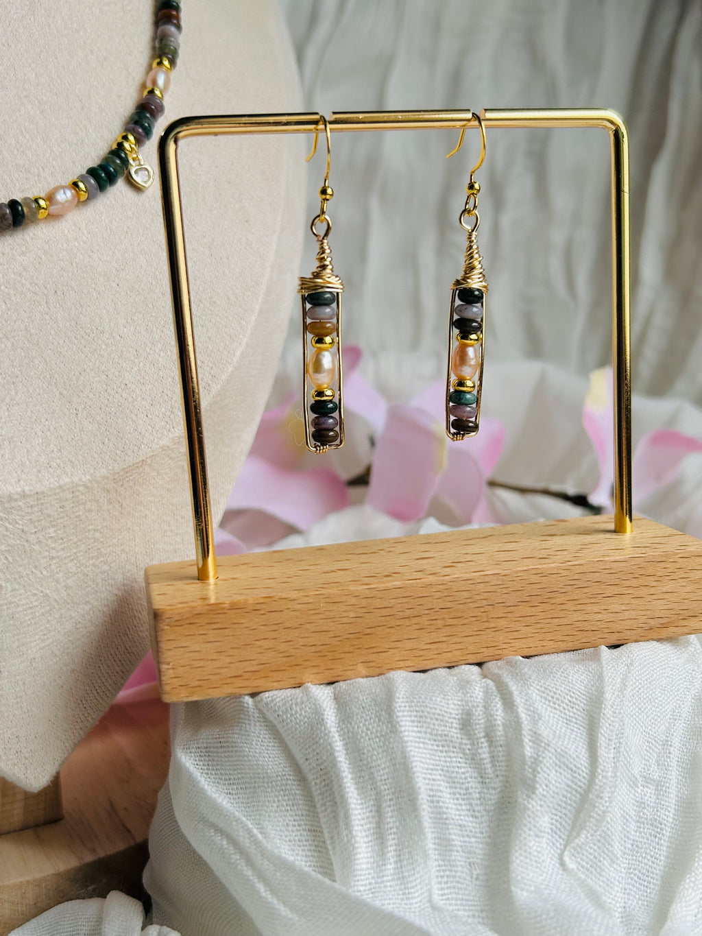 Seafoam Grace Jewelry Set Handcrafted Necklace & Earrings with Amazonite India Agate Freshwater Pearls 18K Gold Plated Hypoallergenic Unique Design