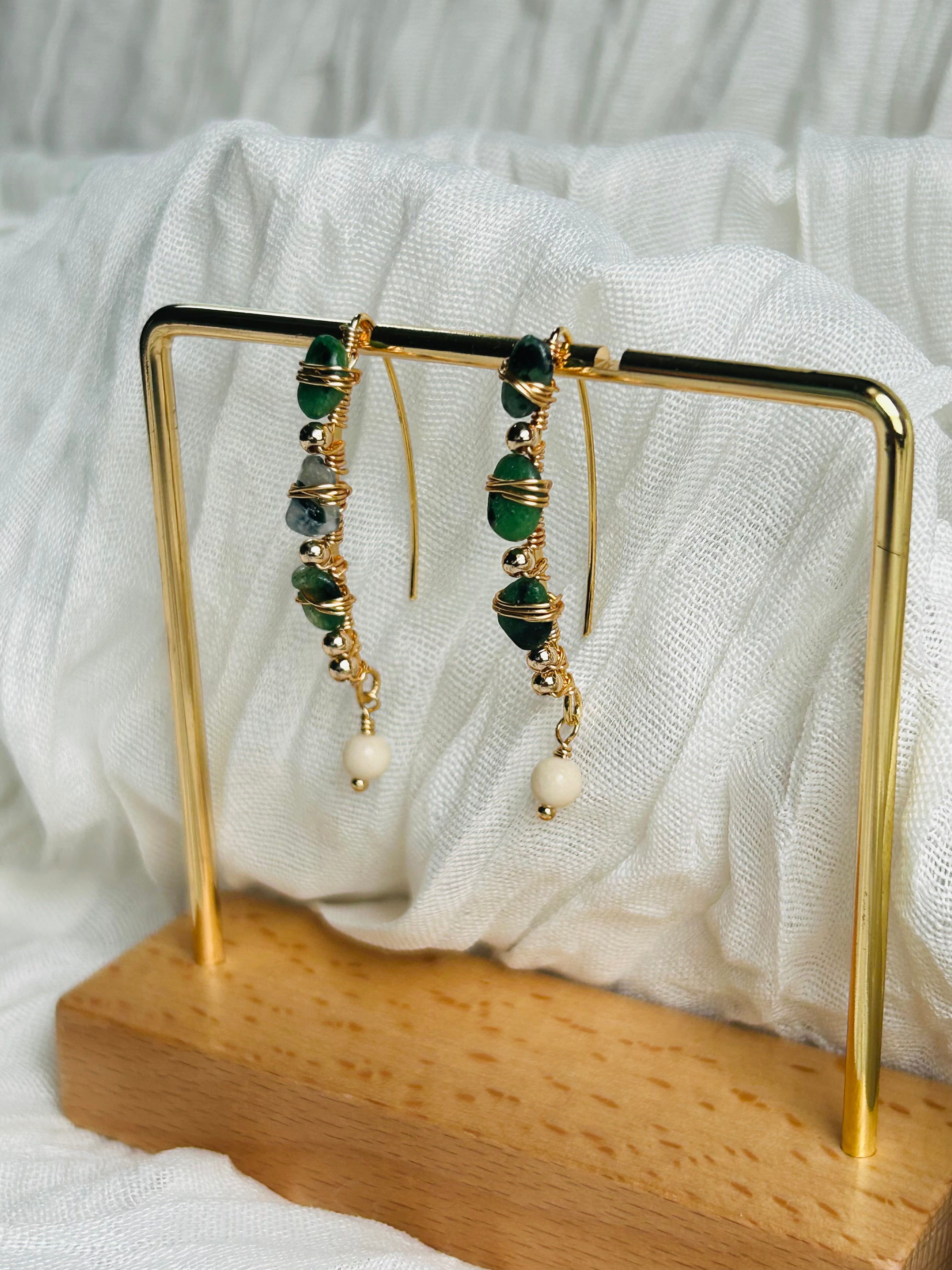 Forests Dew Drop Earrings with a soft, delicate shine. Hypoallergenic, lightweight, 18K gold plated, and non-tarnish for lasting beauty.
