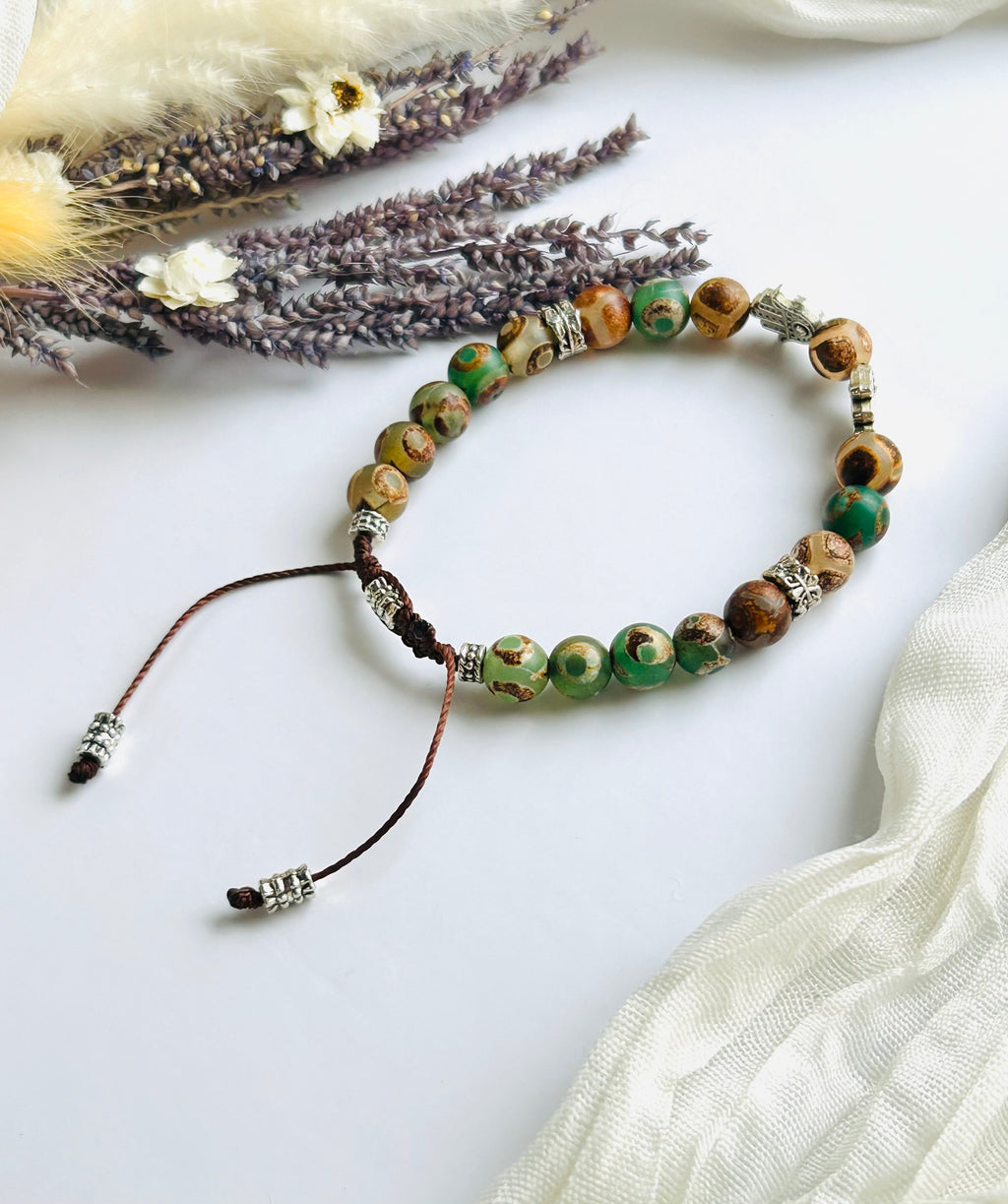 Hamsa Earth Energy Bracelet - Green Tibetan Beads & Stainless Steel Hamsa Charms - Adjustable Cord Closure - Handcrafted for Protection & Positive Energy