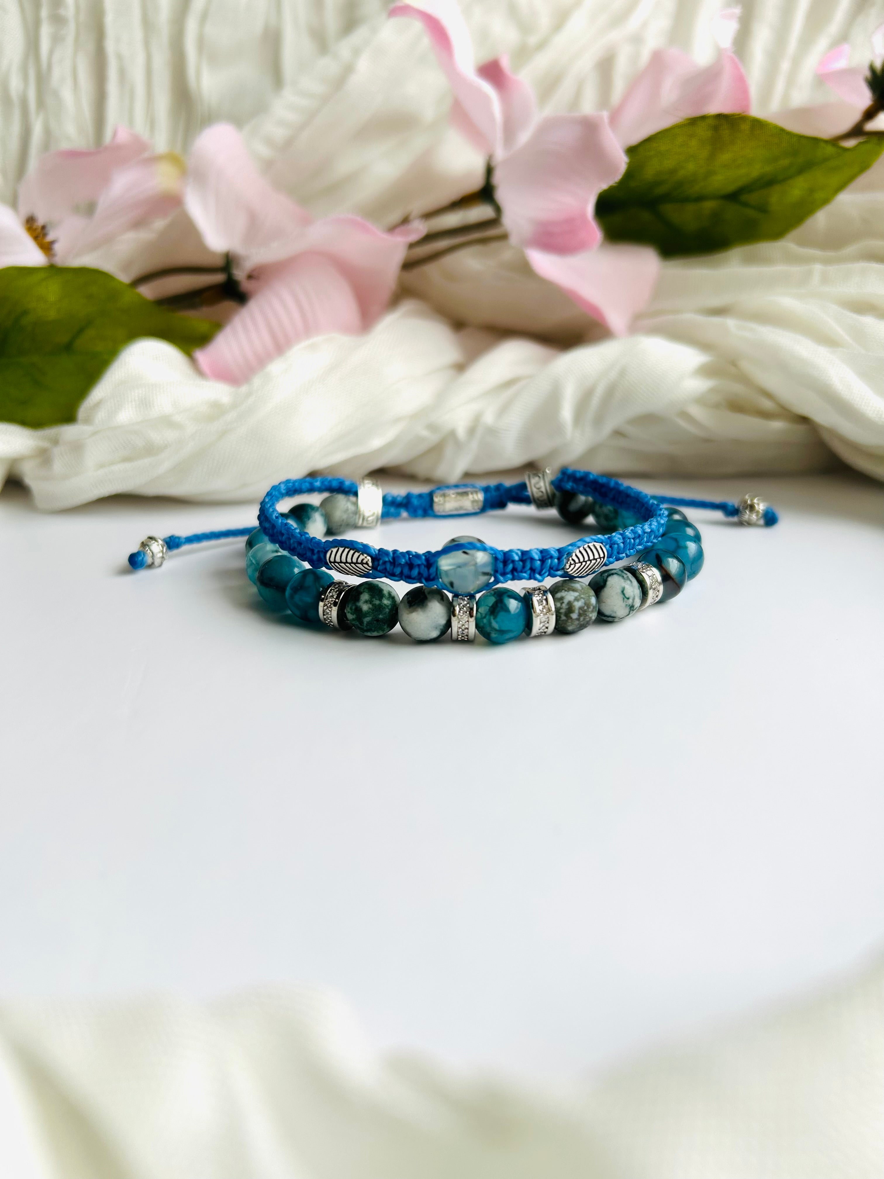 Ocean Mind Bracelet. Blue Appetite & Picasso Jasper Gemstone Adjustable, Layered with Blue Cord and Silver Accents