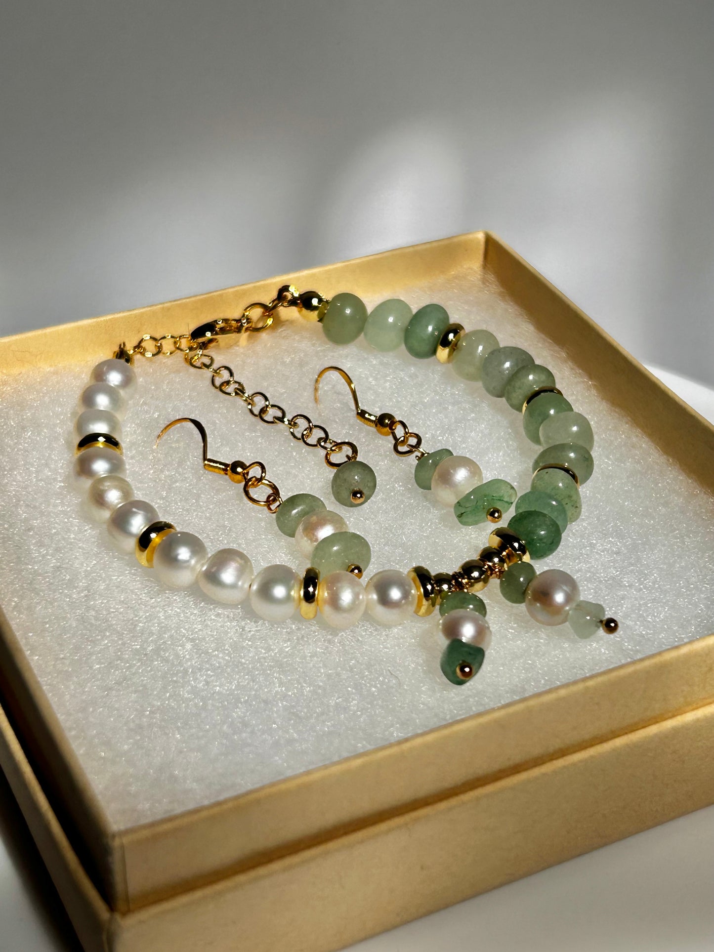 White Freshwater Pearls, Green Aventurine Gemstone, 14k Gold Plated Metal Bracelet & Earrings Set