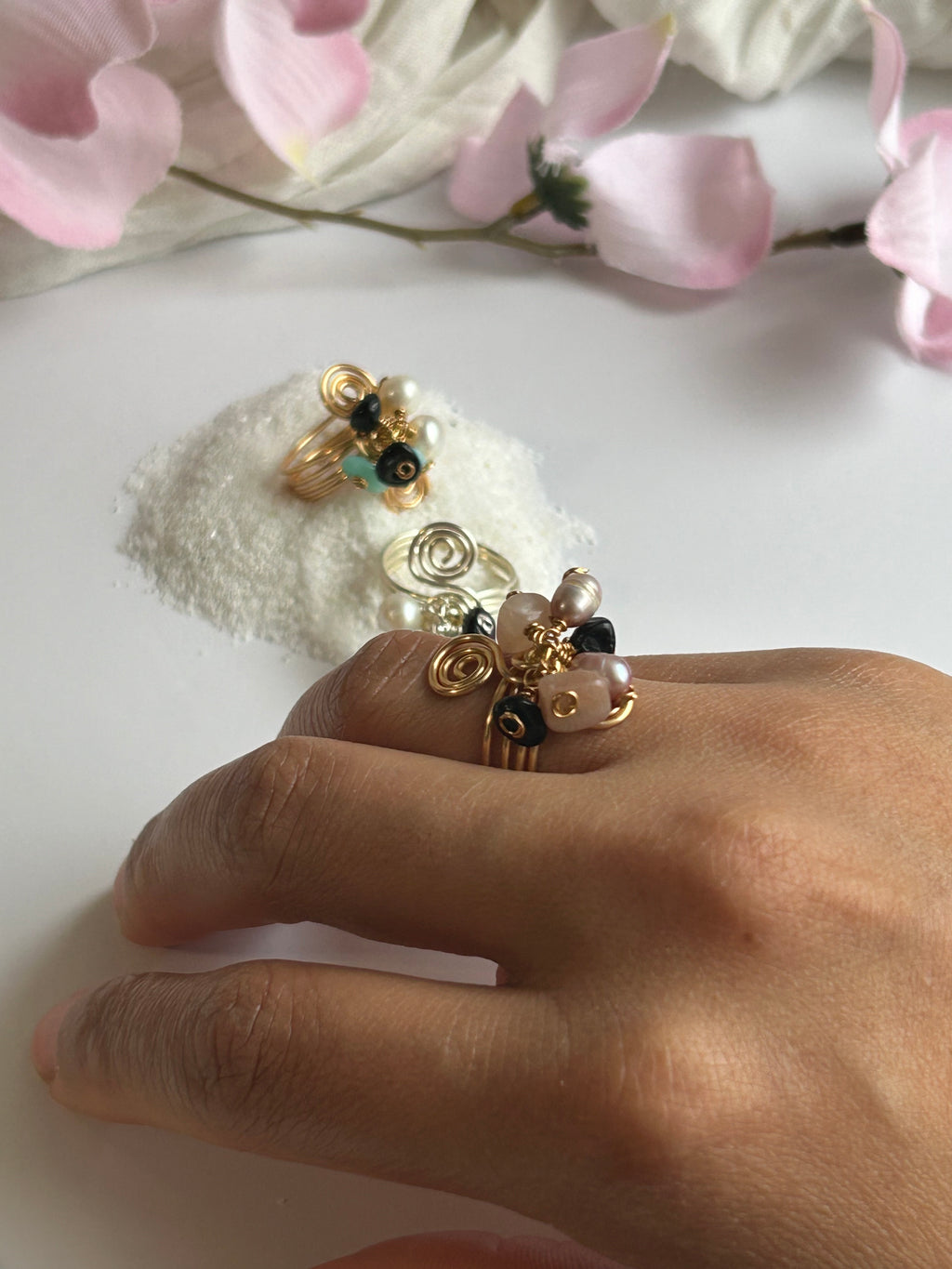 Soul Wire Ring with Freshwater Pearls, Natural Stones, and Carefully Wrapped Wire, Gold and Silver Color Options