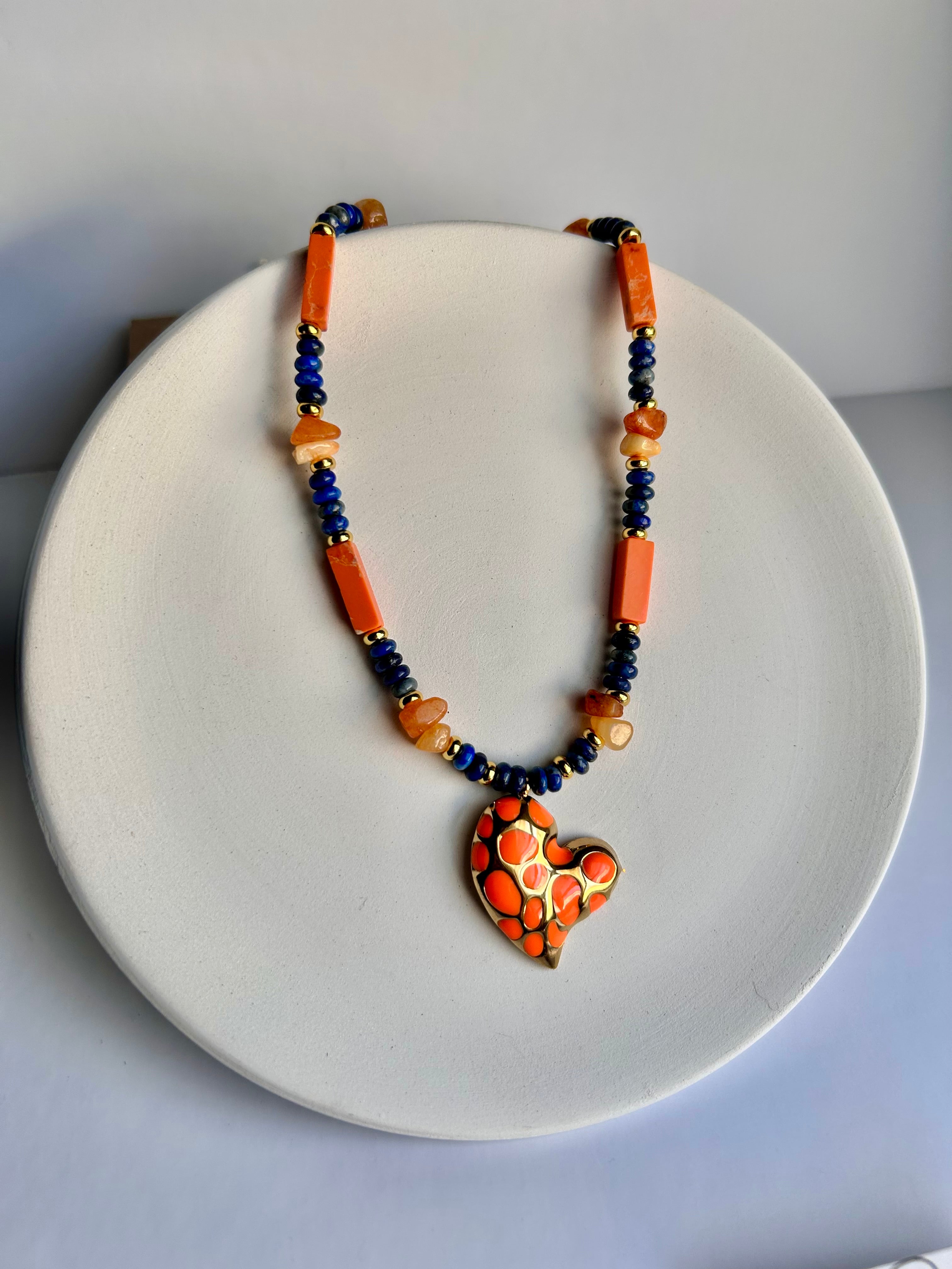 Sol de Fuego Set Vibrant Carnelian & Lapis Lazuli Stones Beaded Necklace with Heart Pendant & Matching Earrings for Stylish Outfits Gold-Plated Hypoallergenic Handmade