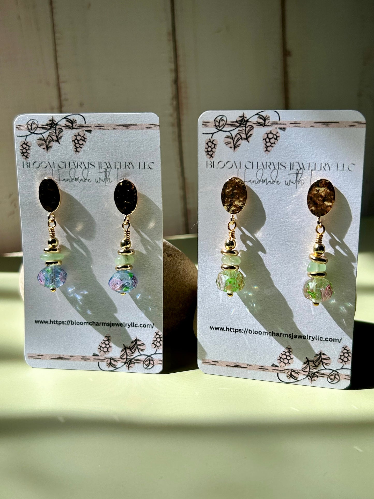 Garden Drop Earrings with Green Moonstone & Colorful 8mm Beads Gold-Tone Hooks Unique Jewelry Design