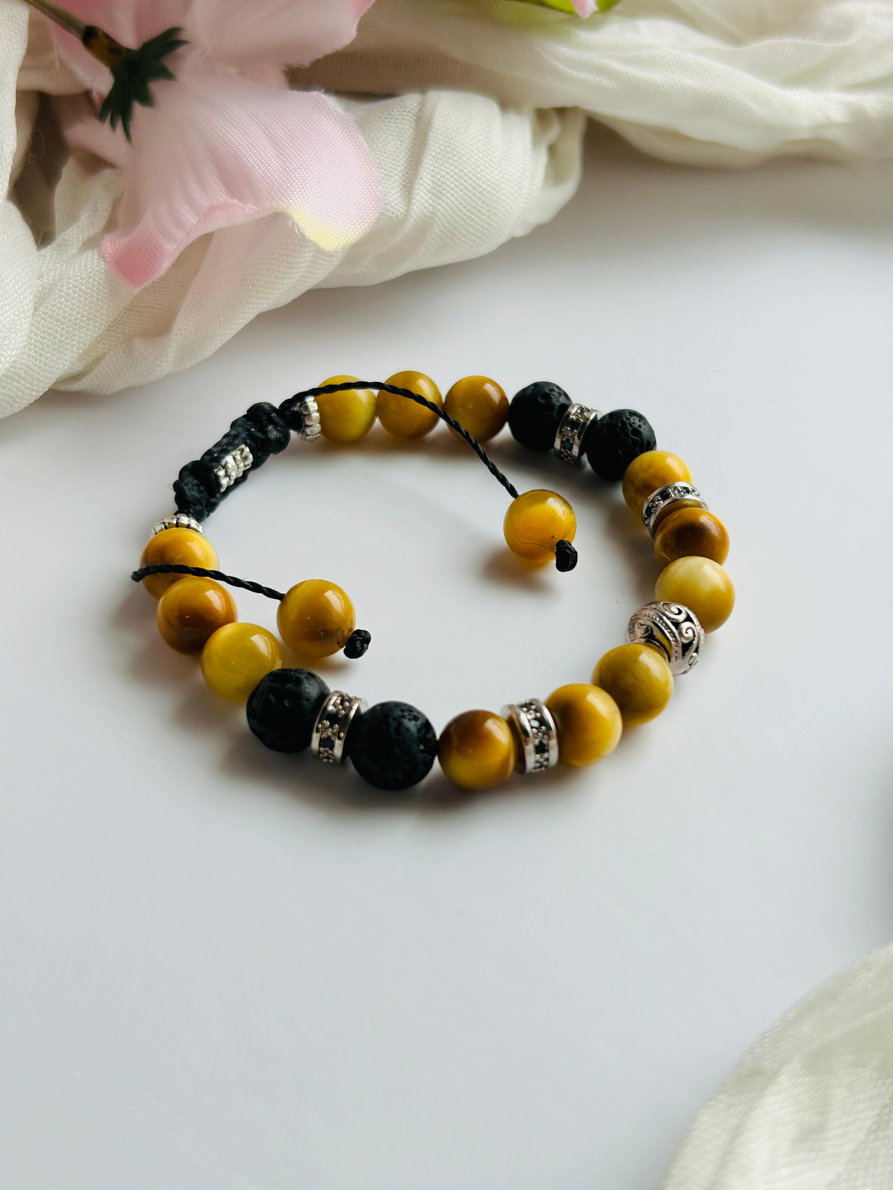 Tiger Eye & Lava Stone Adjustable Bracelet with Silver Beads and Black Cord Unisex Jewelry for Men and Women