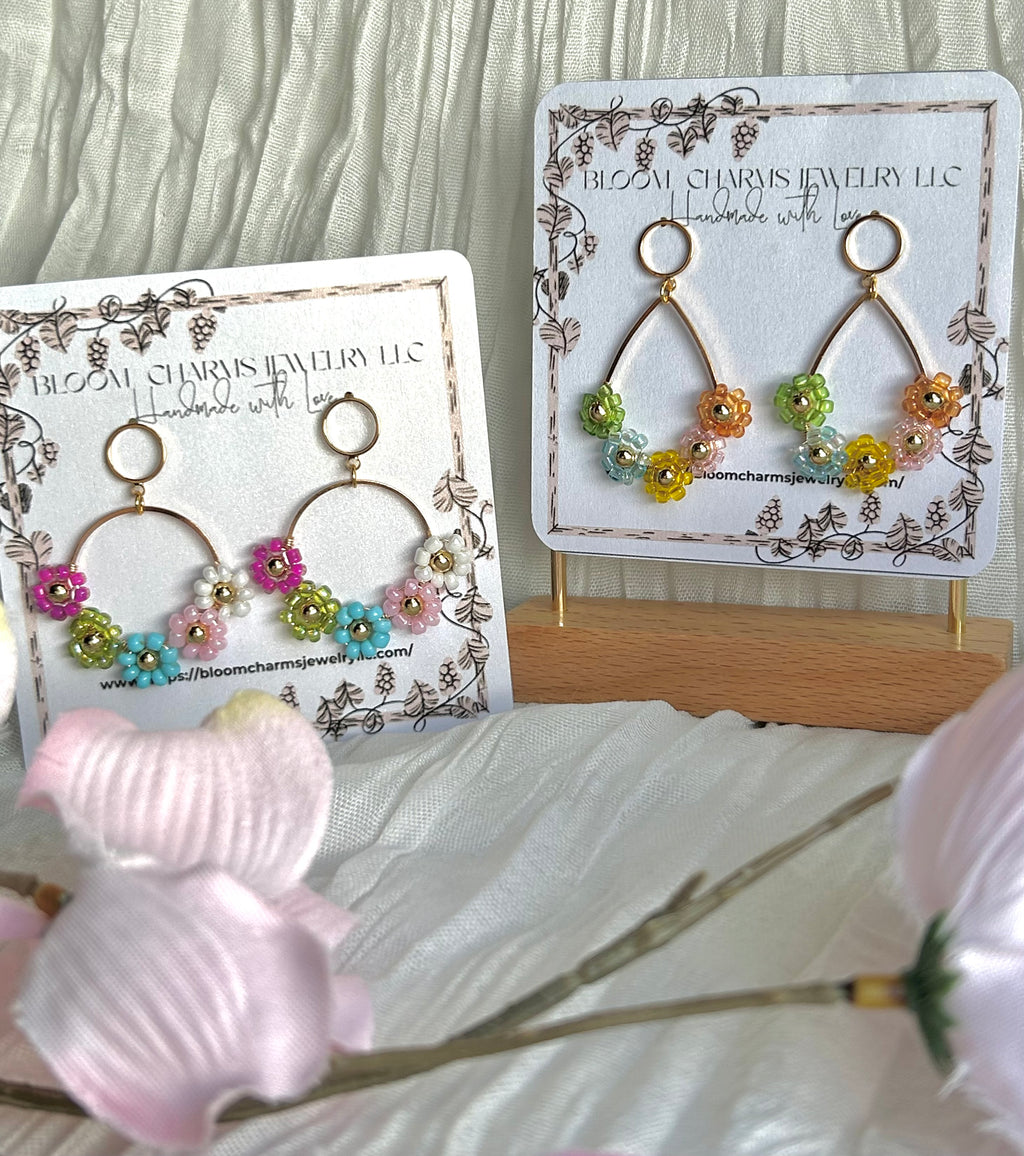 Opaline Flower Beaded Wrapped Wire Earrings 18K Gold Plated Hypoallergenic Non-Tarnish Versatile Appeal for Sensitive Ears Colorful Bead Designs Gold-Tone Wire Hoops
