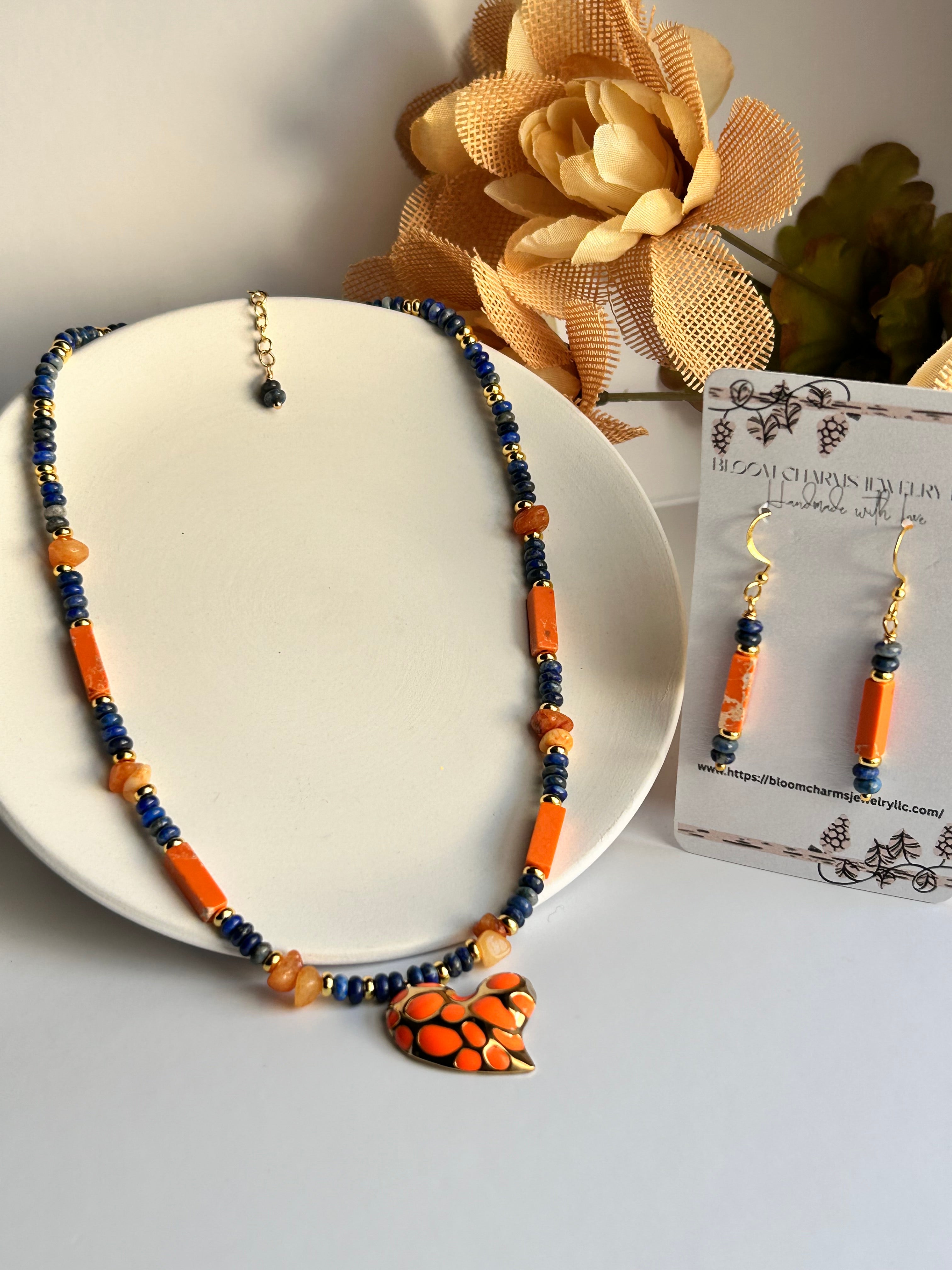 Sol de Fuego Set Vibrant Carnelian & Lapis Lazuli Stones Beaded Necklace with Heart Pendant & Matching Earrings for Stylish Outfits Gold-Plated Hypoallergenic Handmade