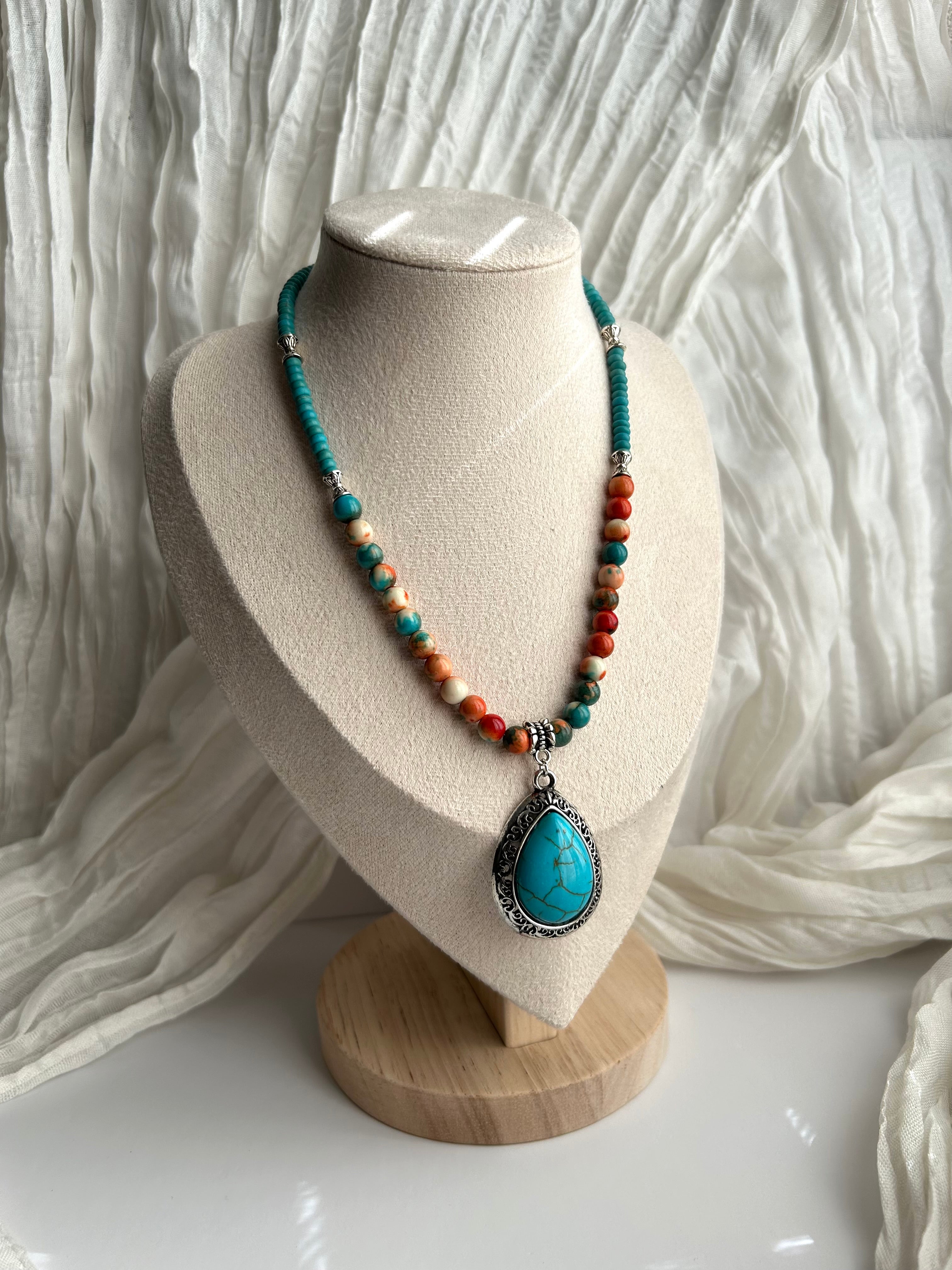 Turquoise Tide Necklace with Handmade Pendant Stainless Steel Silver Accents Beaded Design for Versatile Wear