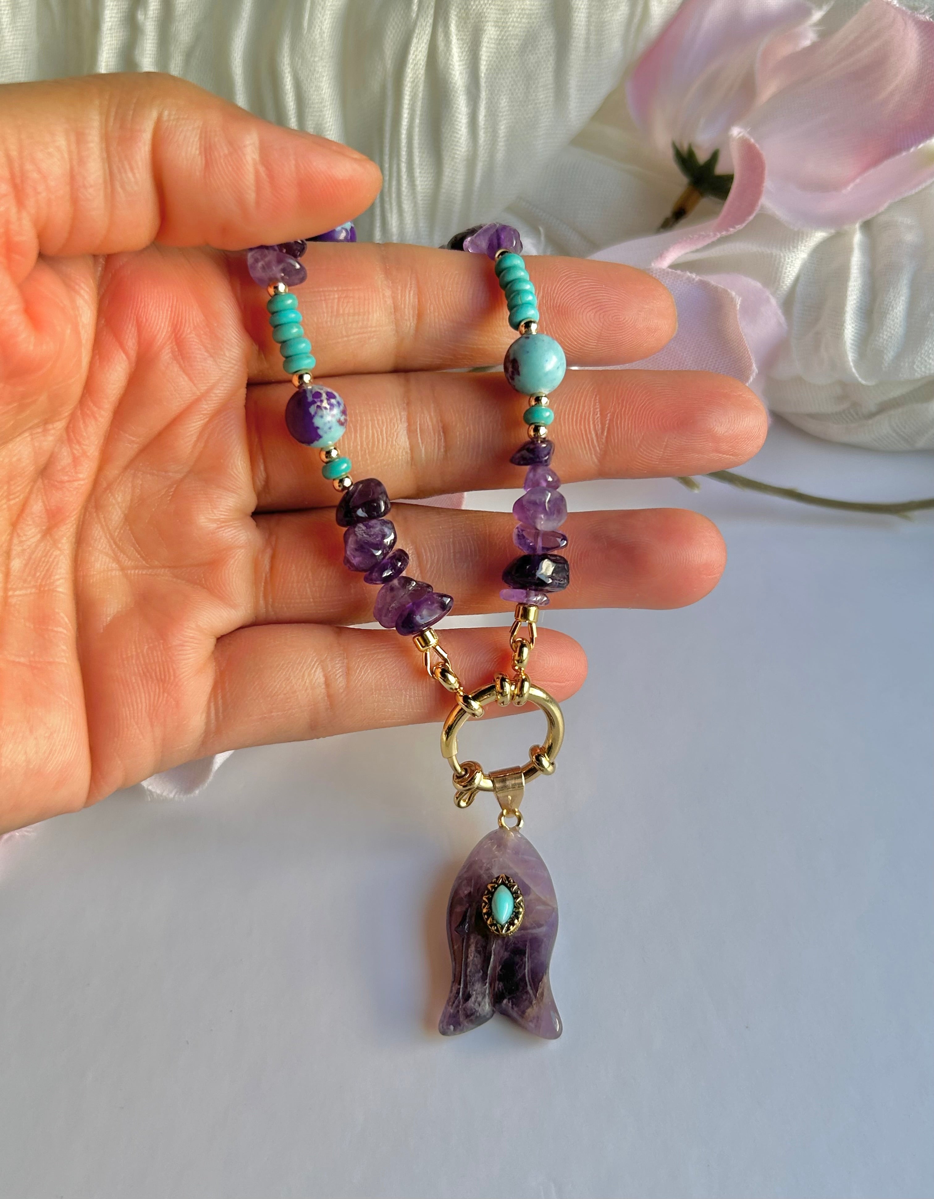 Amethyst Soul Handmade Necklace with Amethyst & Turquoise Stones Carved Fish Pendant Handcrafted Jewelry for Women