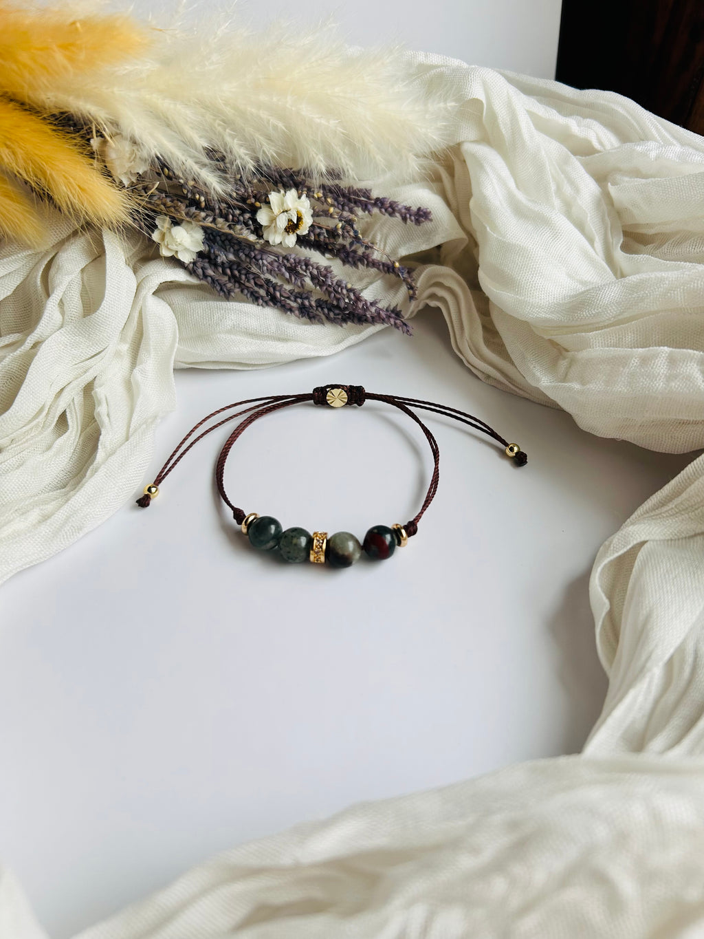 African Bloodstone Handcrafted Adjustable Bracelet with Natural Stone Beads and Gold Accents for Everyday Wear