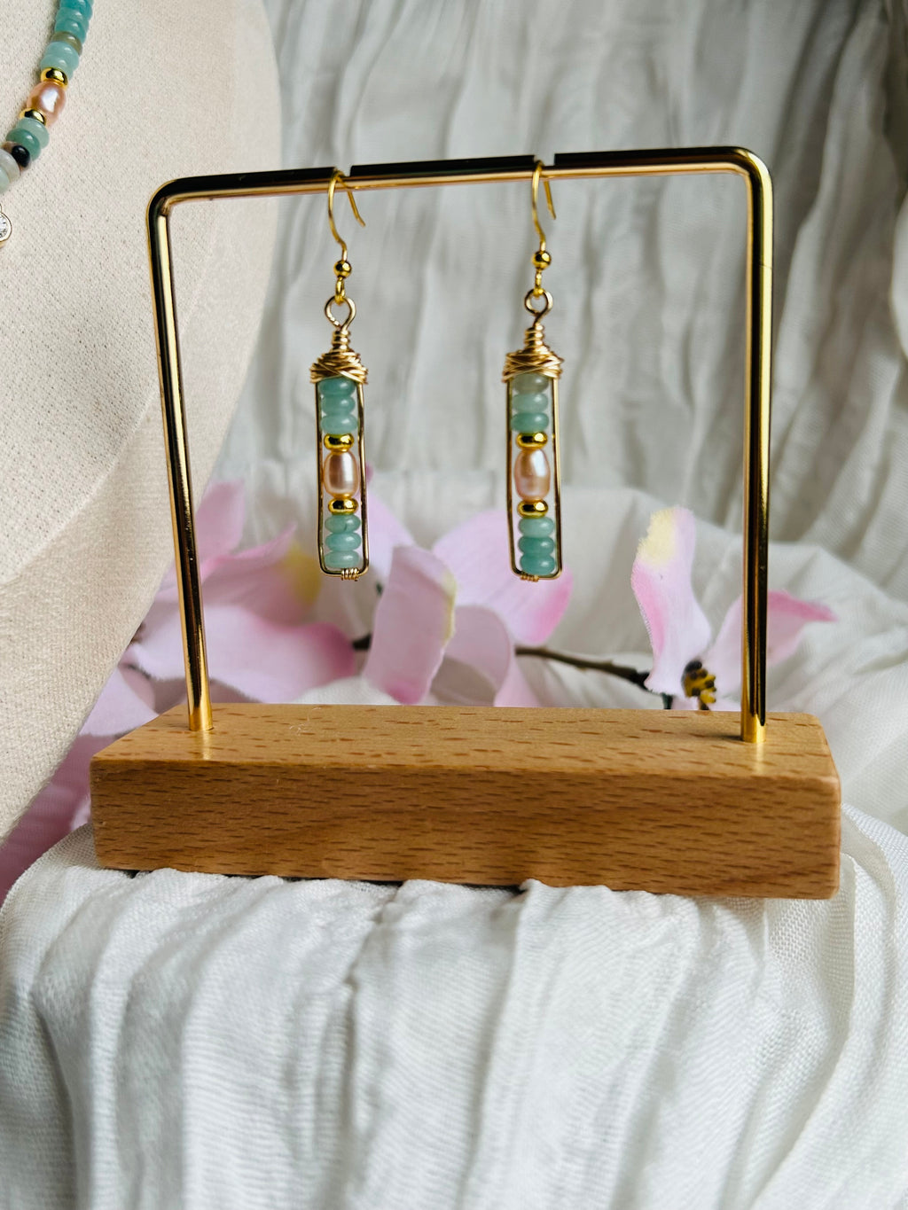 Seafoam Grace Jewelry Set Handcrafted Necklace & Earrings with Amazonite India Agate Freshwater Pearls 18K Gold Plated Hypoallergenic Unique Design