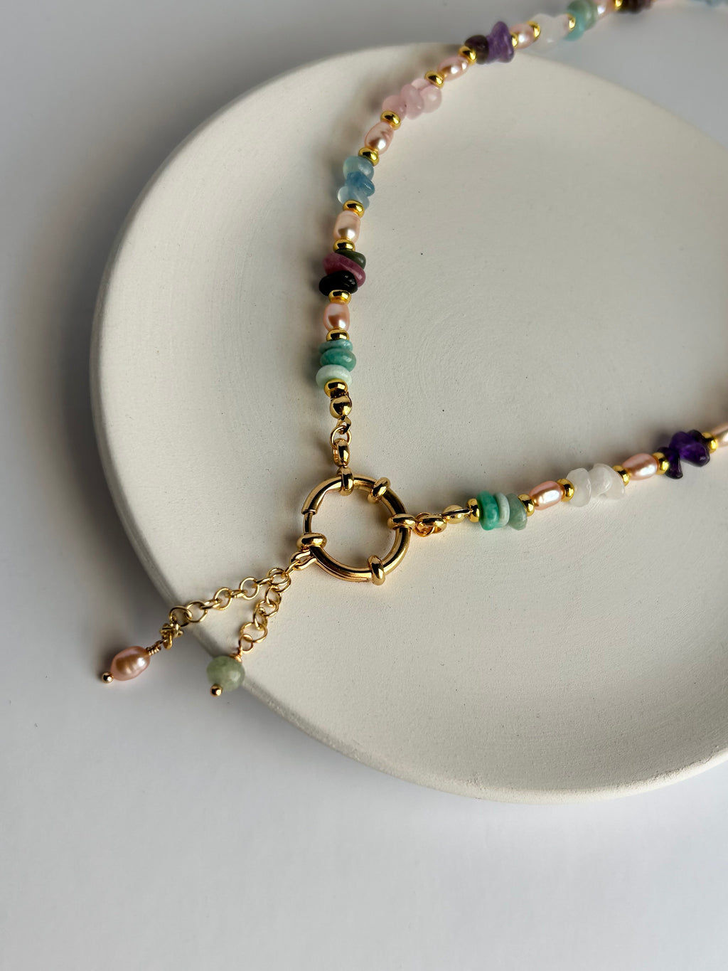 Ethereal Harmony Necklace with Multicolor Gemstones & Gold Chain for Women's Fashion Elegant Beaded Design Handcrafted with Natural Stones & Freshwater Pearls