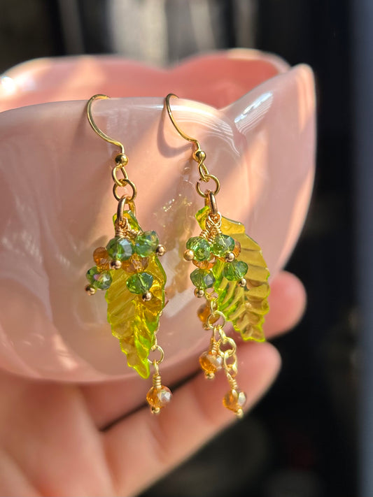 Spring Bloom Earrings with Green Leaf Design and Sparkling Beads Gold-Tone Hooks