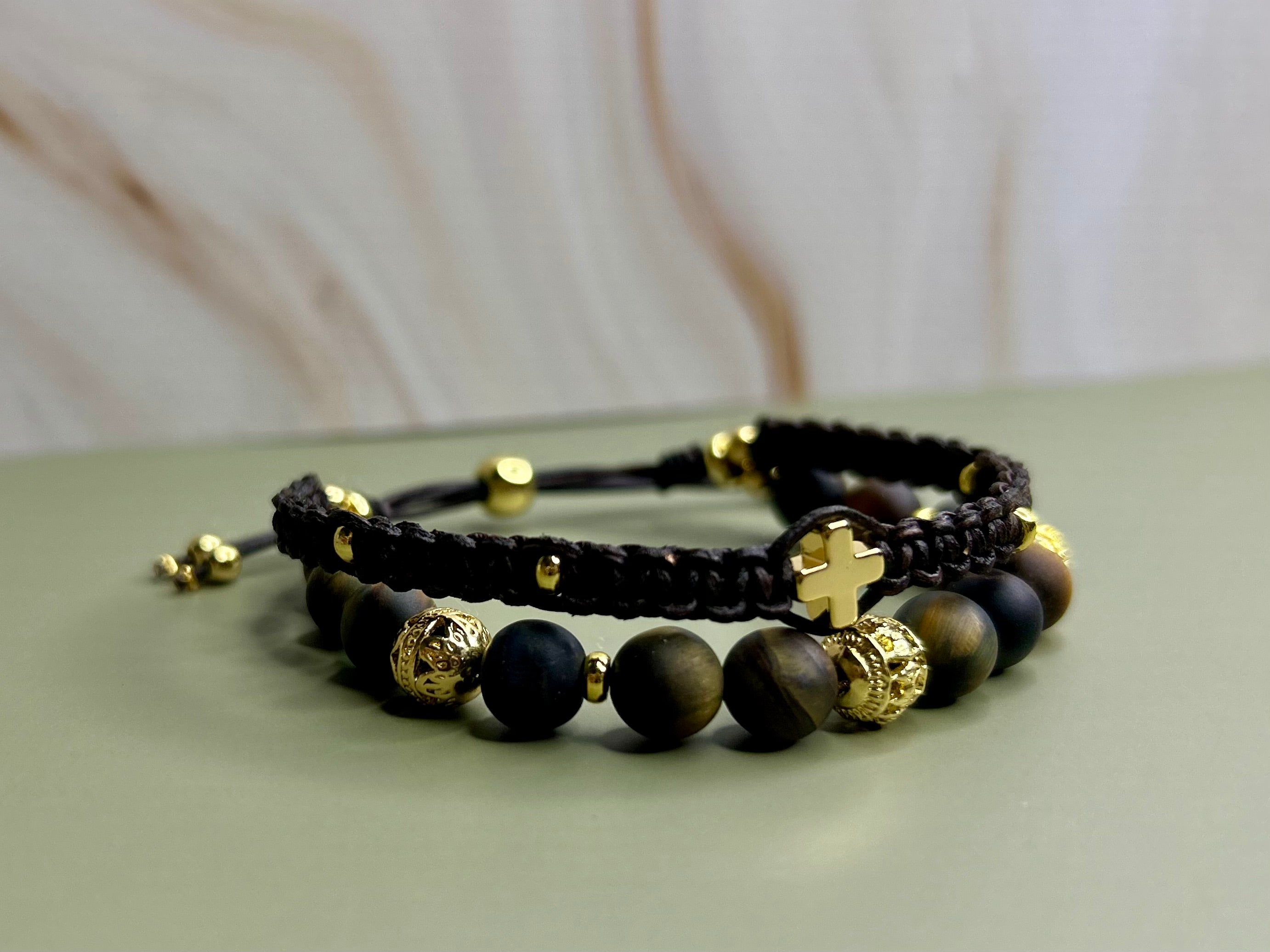 Matte Tiger's Eye Bracelet 8mm Beads Double Row Macramé Design 14k Gold Plated Cross & Beads Strength Good Luck Symbol