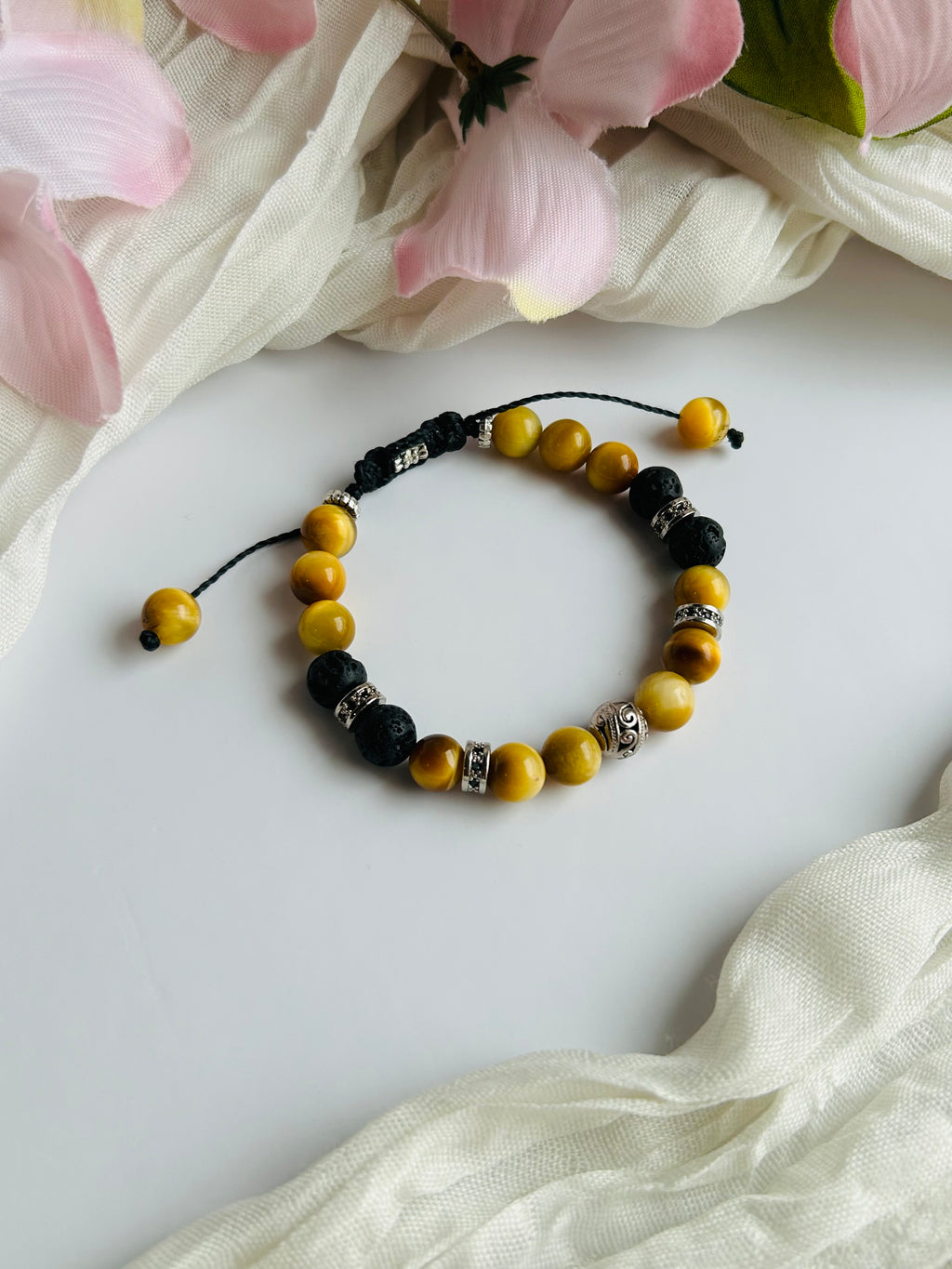 Tiger Eye & Lava Stone Adjustable Bracelet with Silver Beads and Black Cord Unisex Jewelry for Men and Women