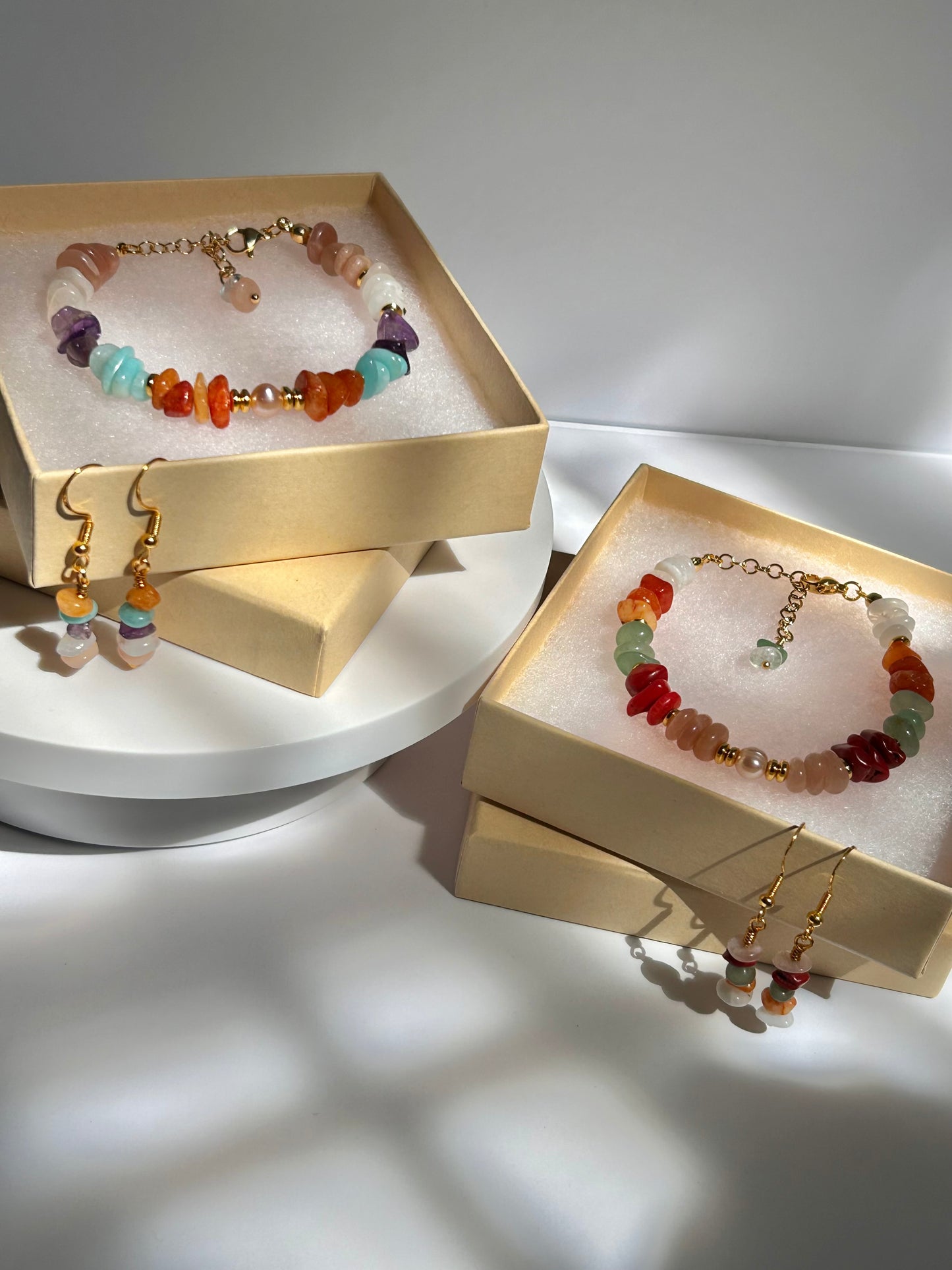 Multicolor Chip Gemstone Bracelet & Earrings Set with Freshwater Pearl 14K Gold Plated.