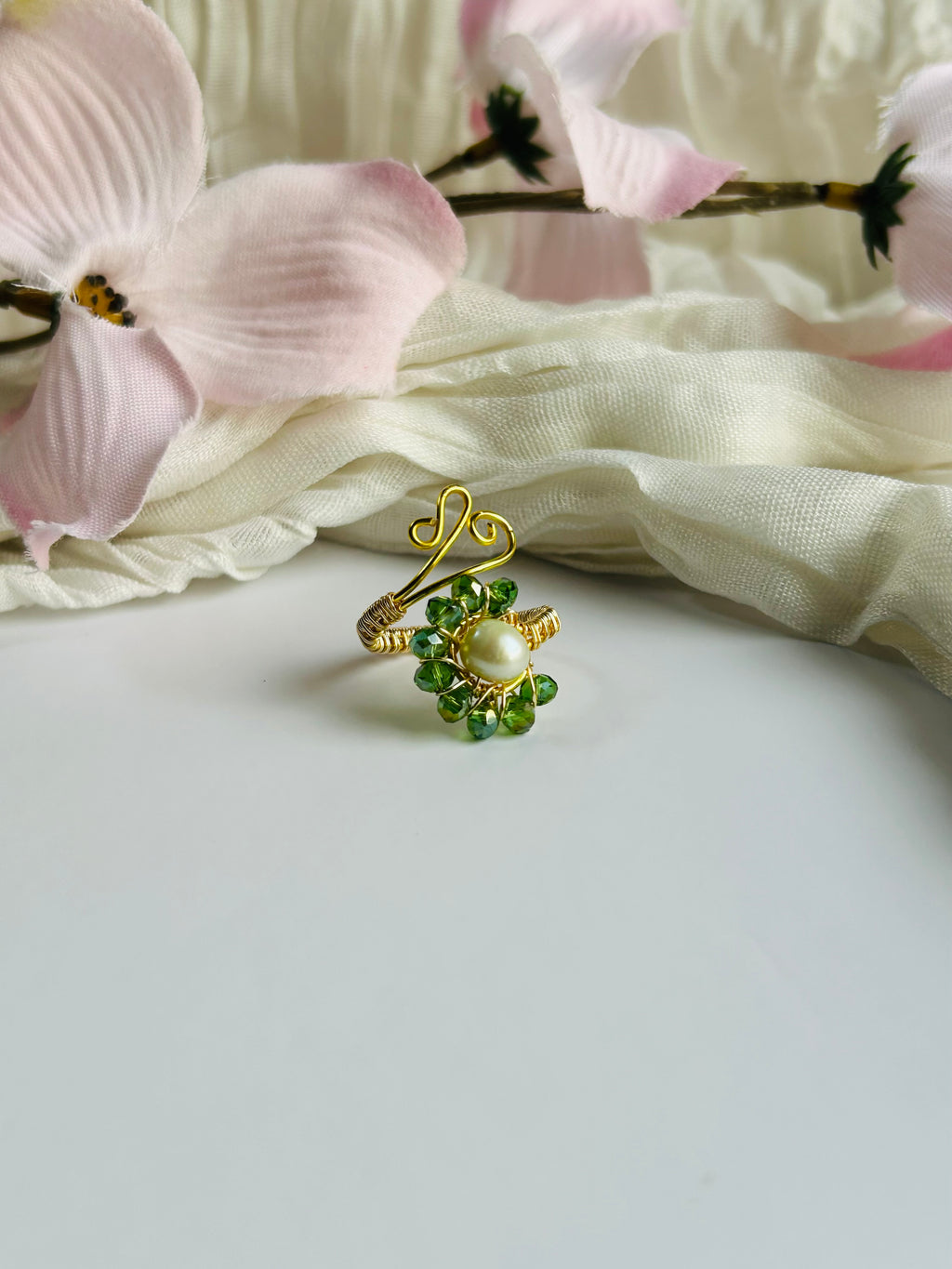 Bloom Pearl Wire Ring. Handmade Adjustable, Crystal beads, one Freshwater Pearl and non-tarnish Wire.