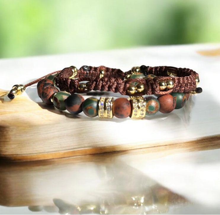 Tibetan Jasper Green and Red Jasper Gemstone Bracelet - Adjustable Double-Row Design for Any Occasion