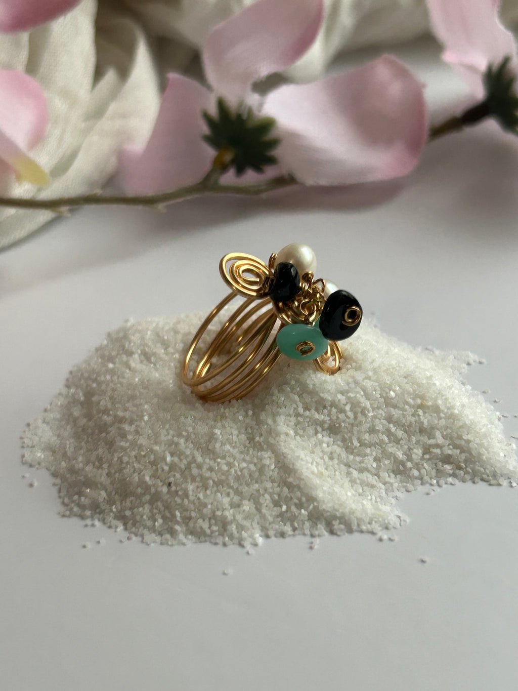 Soul Wire Ring with Freshwater Pearls, Natural Stones, and Carefully Wrapped Wire, Gold and Silver Color Options