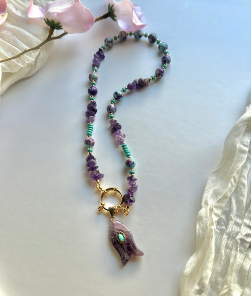 Amethyst Soul Handmade Necklace with Amethyst & Turquoise Stones Carved Fish Pendant Handcrafted Jewelry for Women