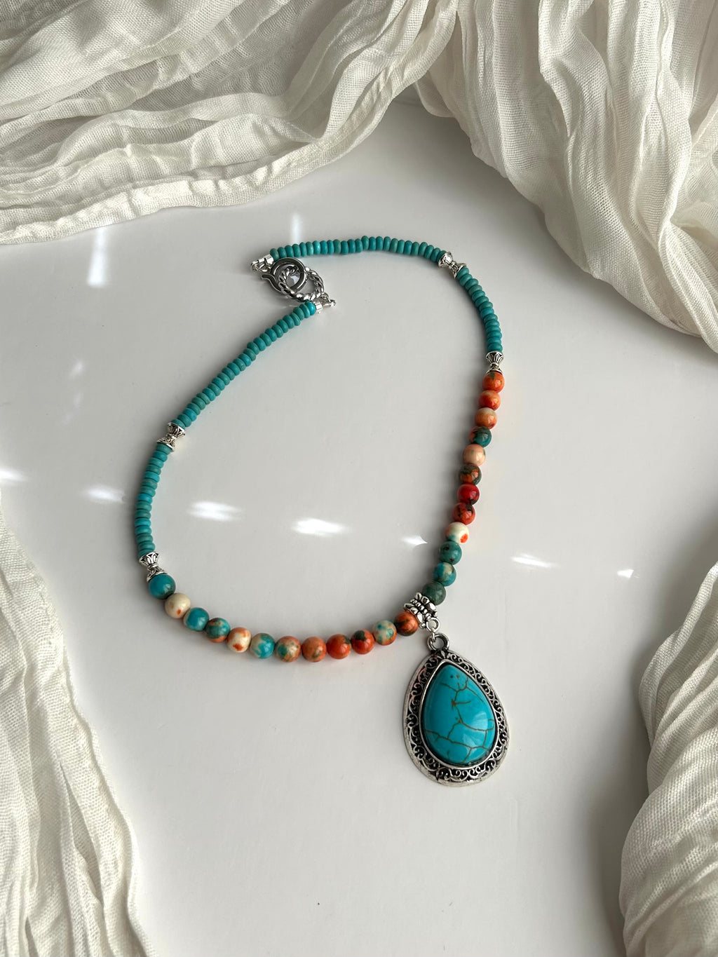 Turquoise Tide Necklace with Handmade Pendant Stainless Steel Silver Accents Beaded Design for Versatile Wear