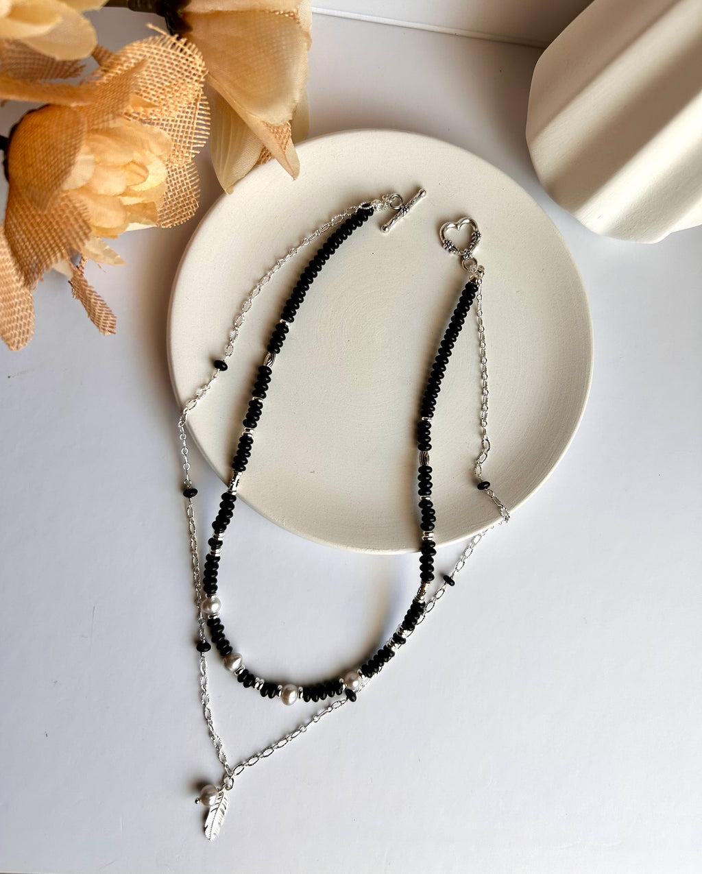 Midnight Protection Black Obsidian Layered Necklace with Feather Charm & Freshwater Pearls Stainless Steel Silver Plated Fashion Jewelry for Women
