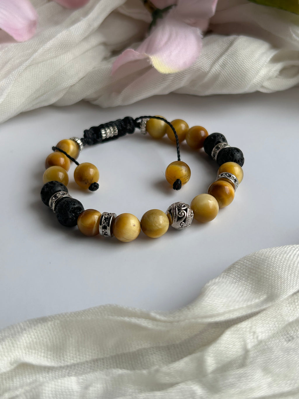 Tiger Eye & Lava Stone Adjustable Bracelet with Silver Beads and Black Cord Unisex Jewelry for Men and Women