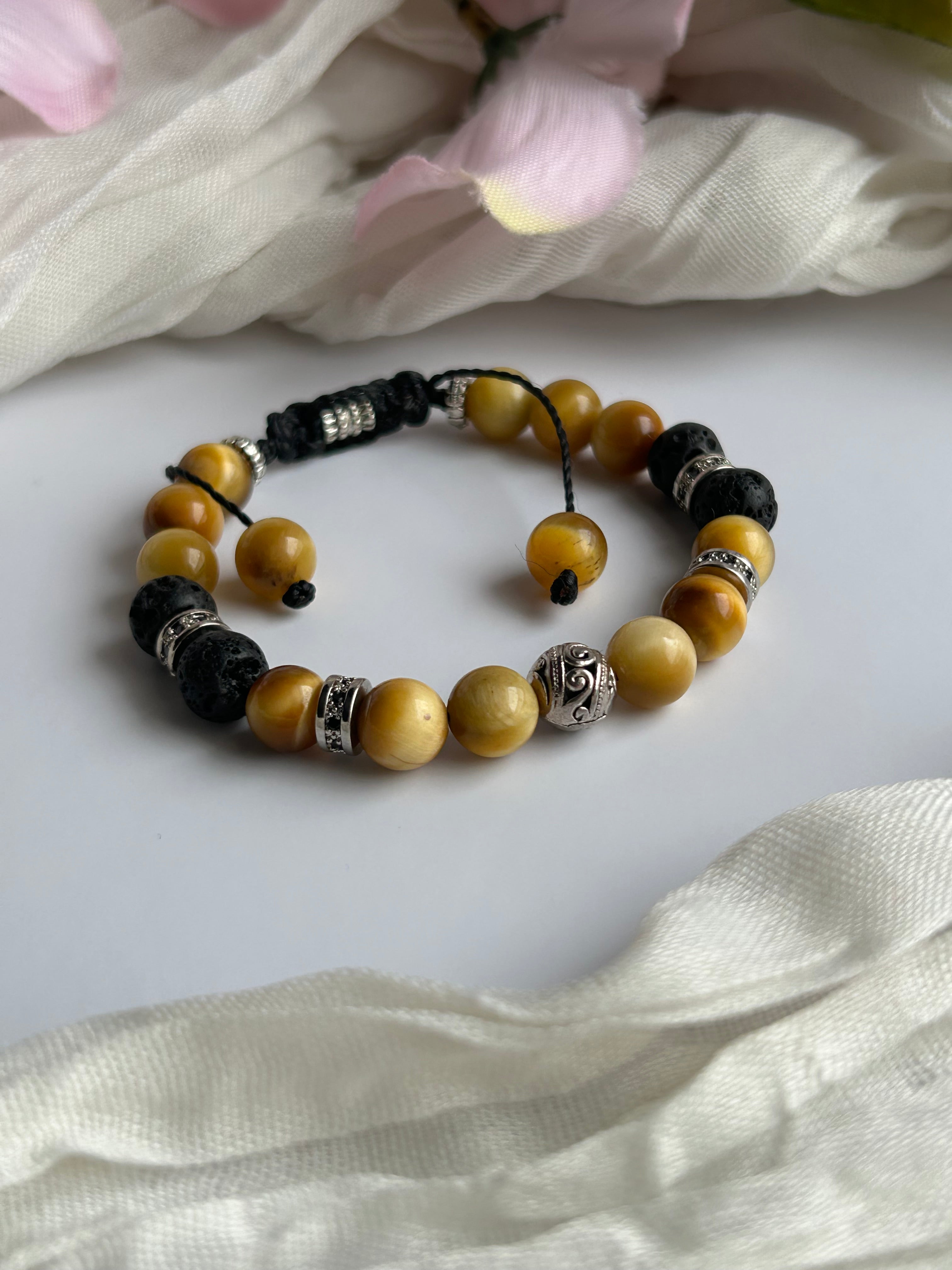 Tiger Eye & Lava Stone Adjustable Bracelet with Silver Beads and Black Cord Unisex Jewelry for Men and Women