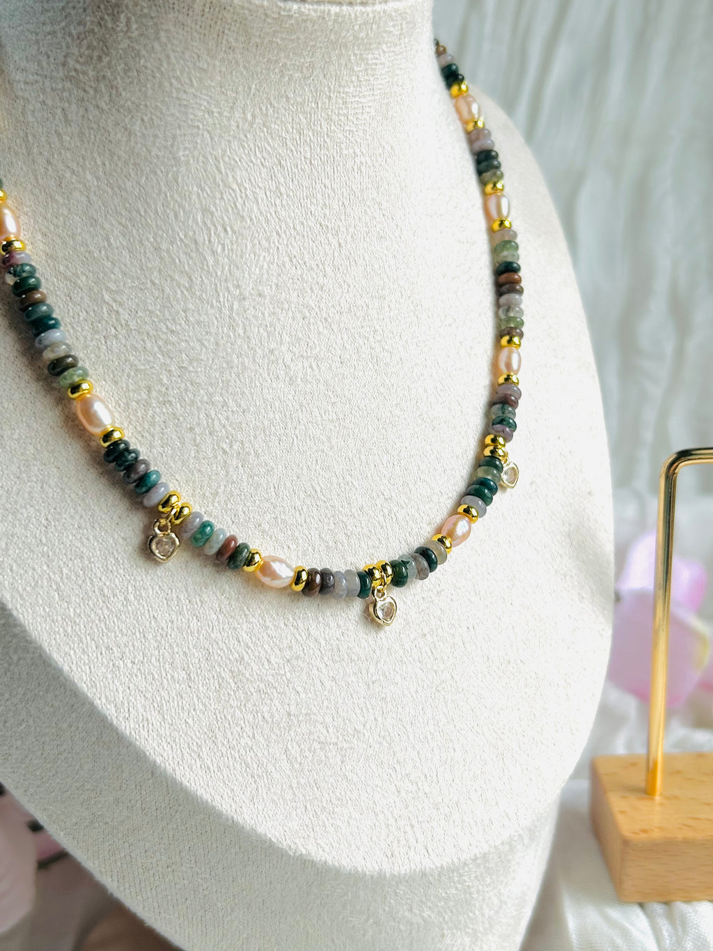 Seafoam Grace Jewelry Set Handcrafted Necklace & Earrings with Amazonite India Agate Freshwater Pearls 18K Gold Plated Hypoallergenic Unique Design