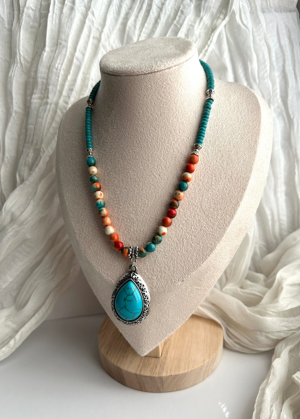 Turquoise Tide Necklace with Handmade Pendant Stainless Steel Silver Accents Beaded Design for Versatile Wear