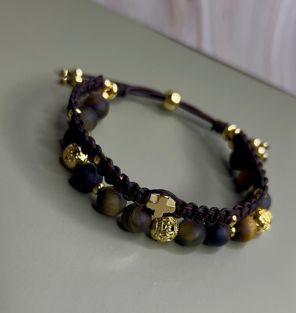 Matte Tiger's Eye Bracelet 8mm Beads Double Row Macramé Design 14k Gold Plated Cross & Beads Strength Good Luck Symbol